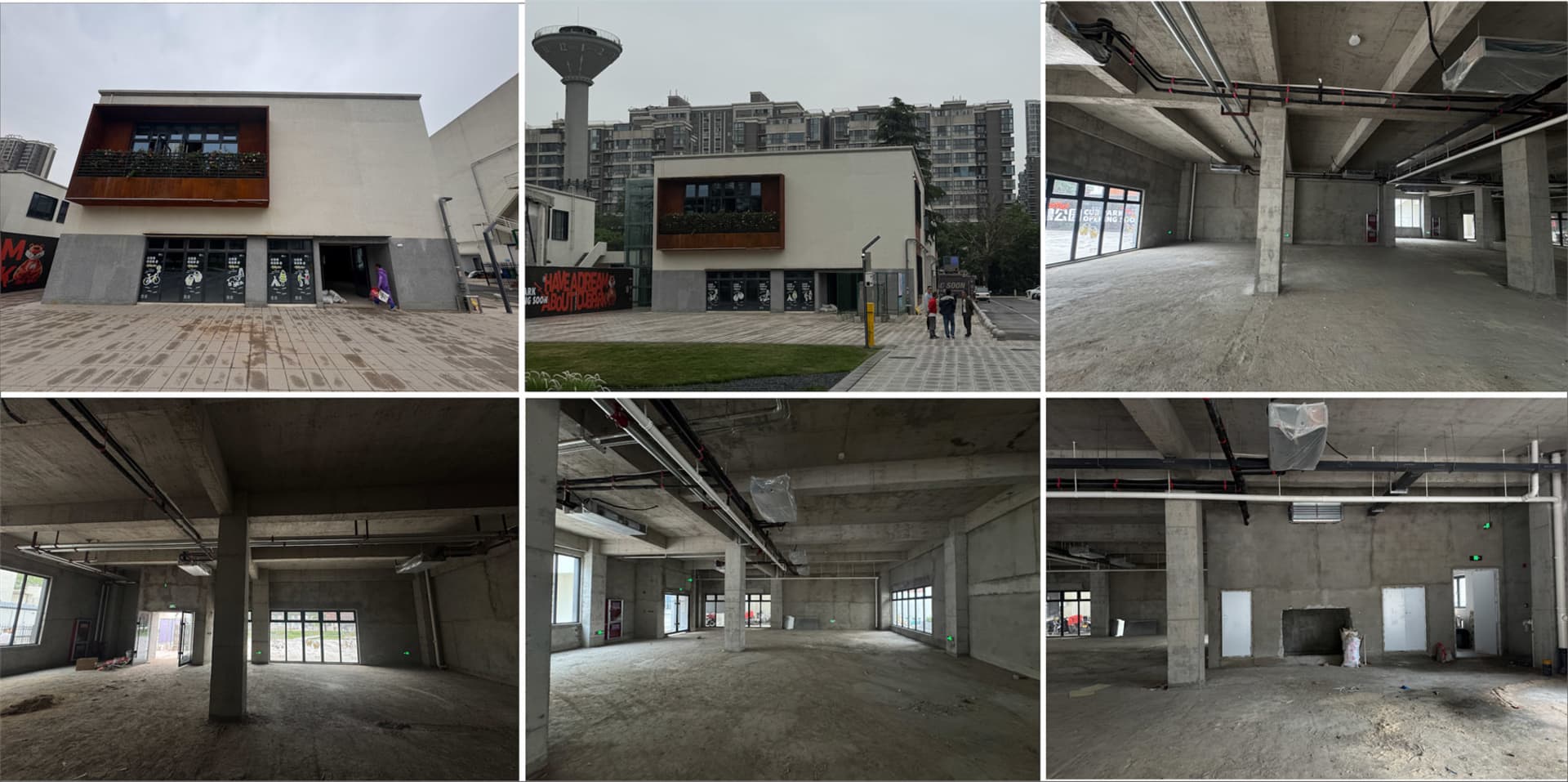 A modern building with a mix of concrete and glass elements, featuring a combination of open and enclosed areas with a focus on interior design
