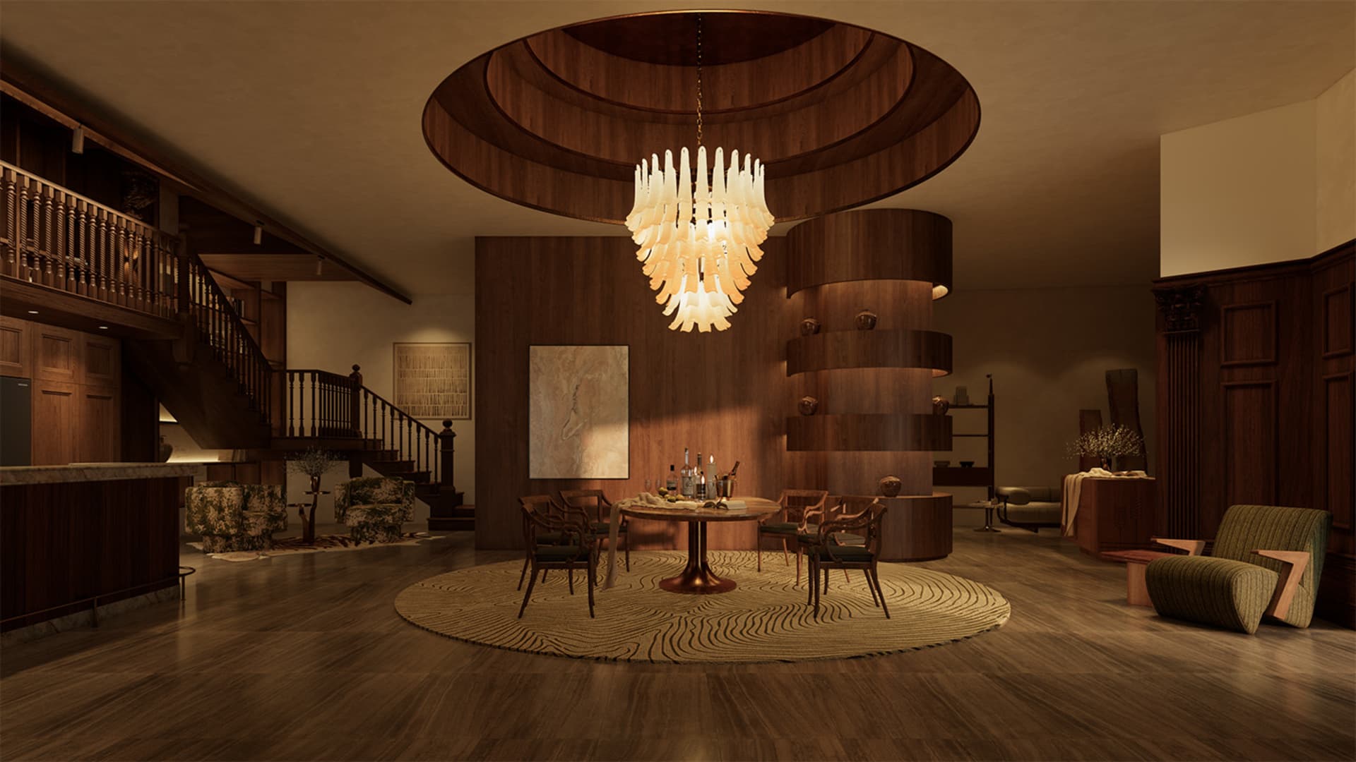 A well-lit living room with a chandelier, chairs, a dining table, and a potted plant, creating a warm and inviting atmosphere