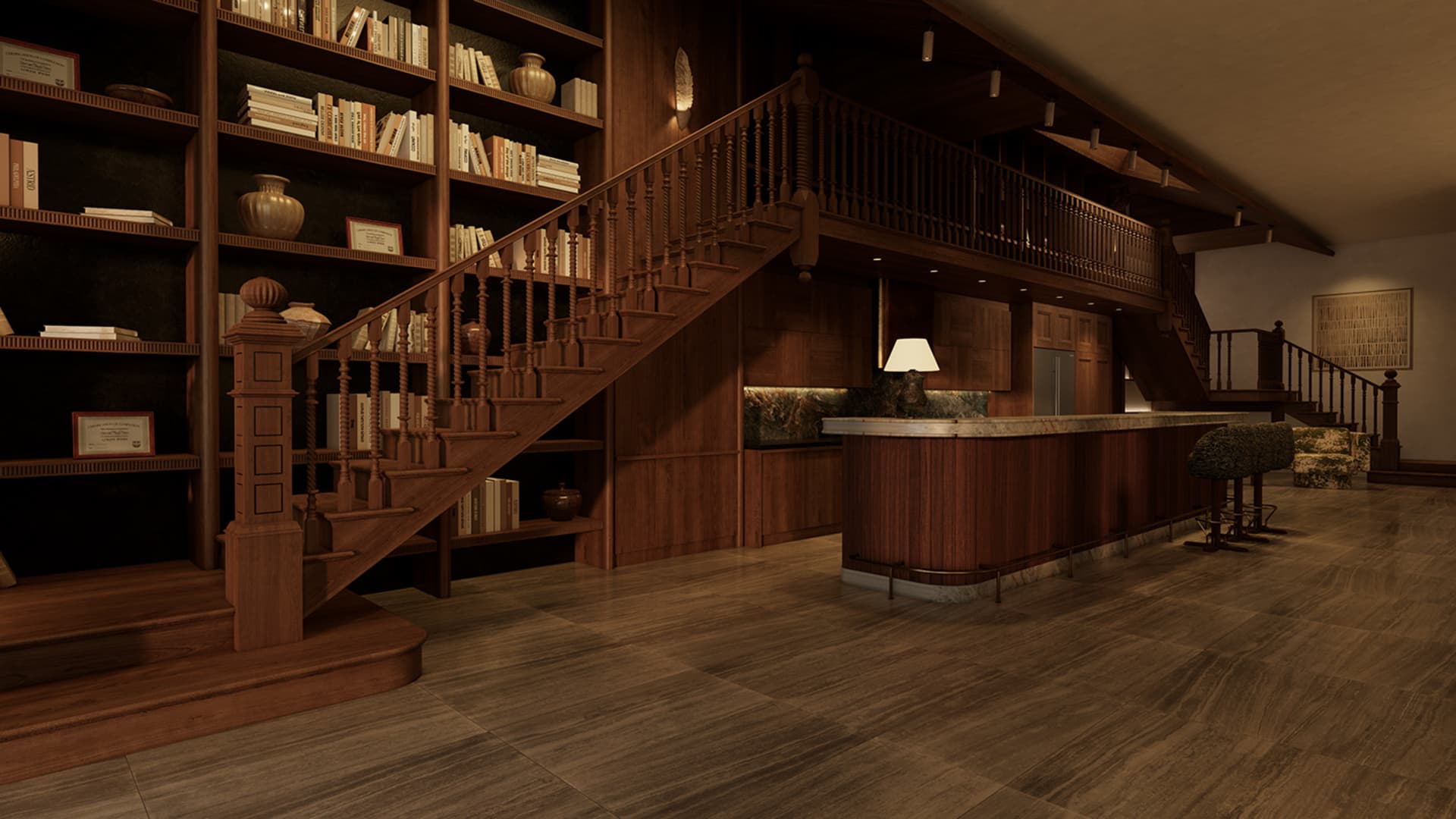 A well-lit room with wooden floors and walls, featuring a staircase, counter, and bookshelf, creating a warm and inviting atmosphere