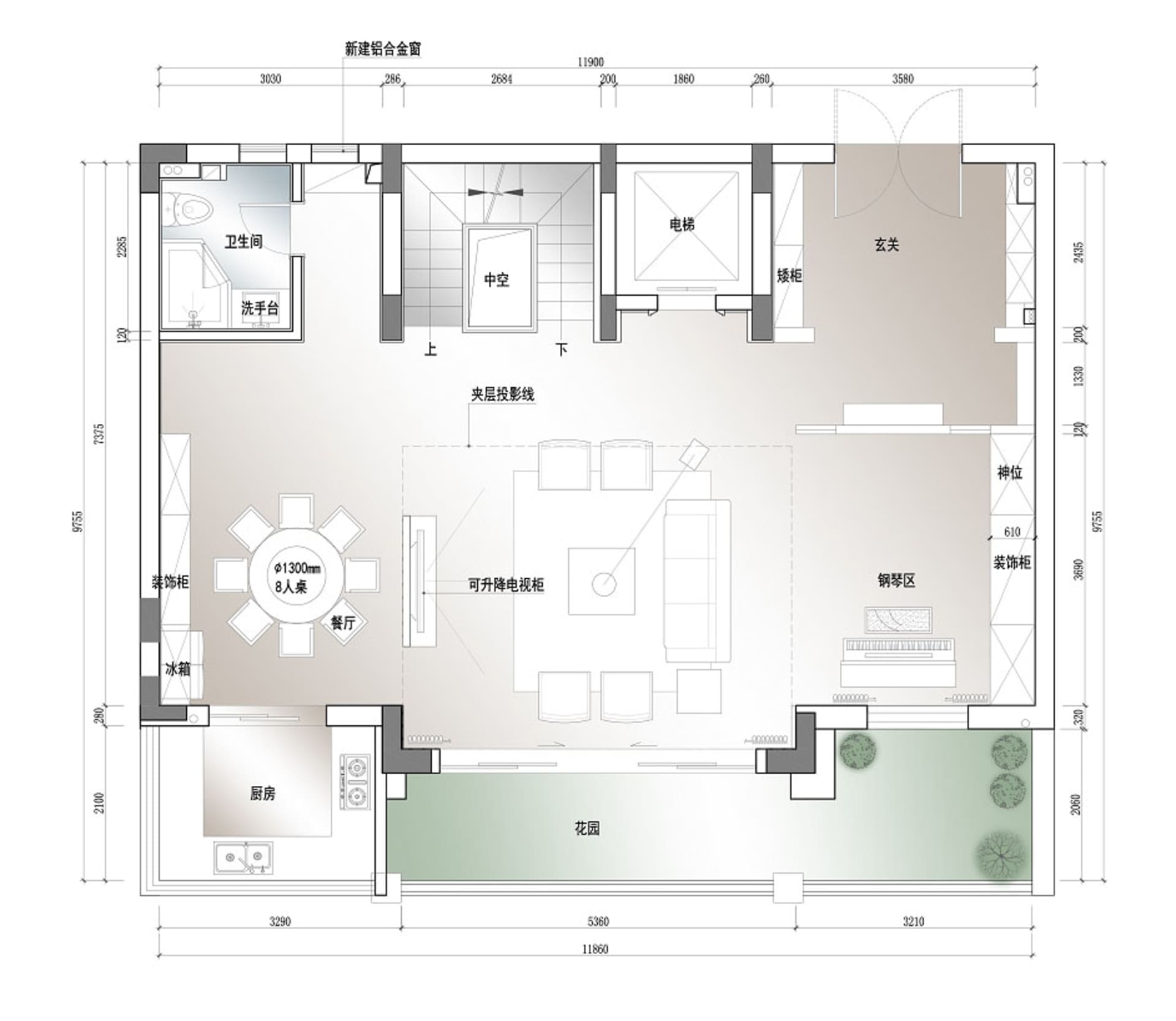 2D floor plan of a modern house with a living room, kitchen, and dining room, featuring neutral tones, natural lighting, and a focus on open space and functionality