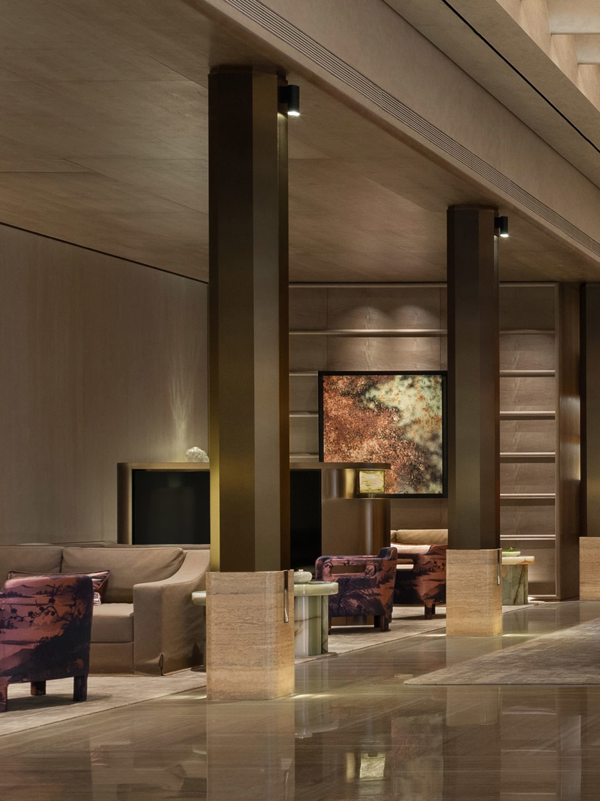 A well-lit modern room with a mix of wood and metal furniture, natural light, and a contemporary aesthetic