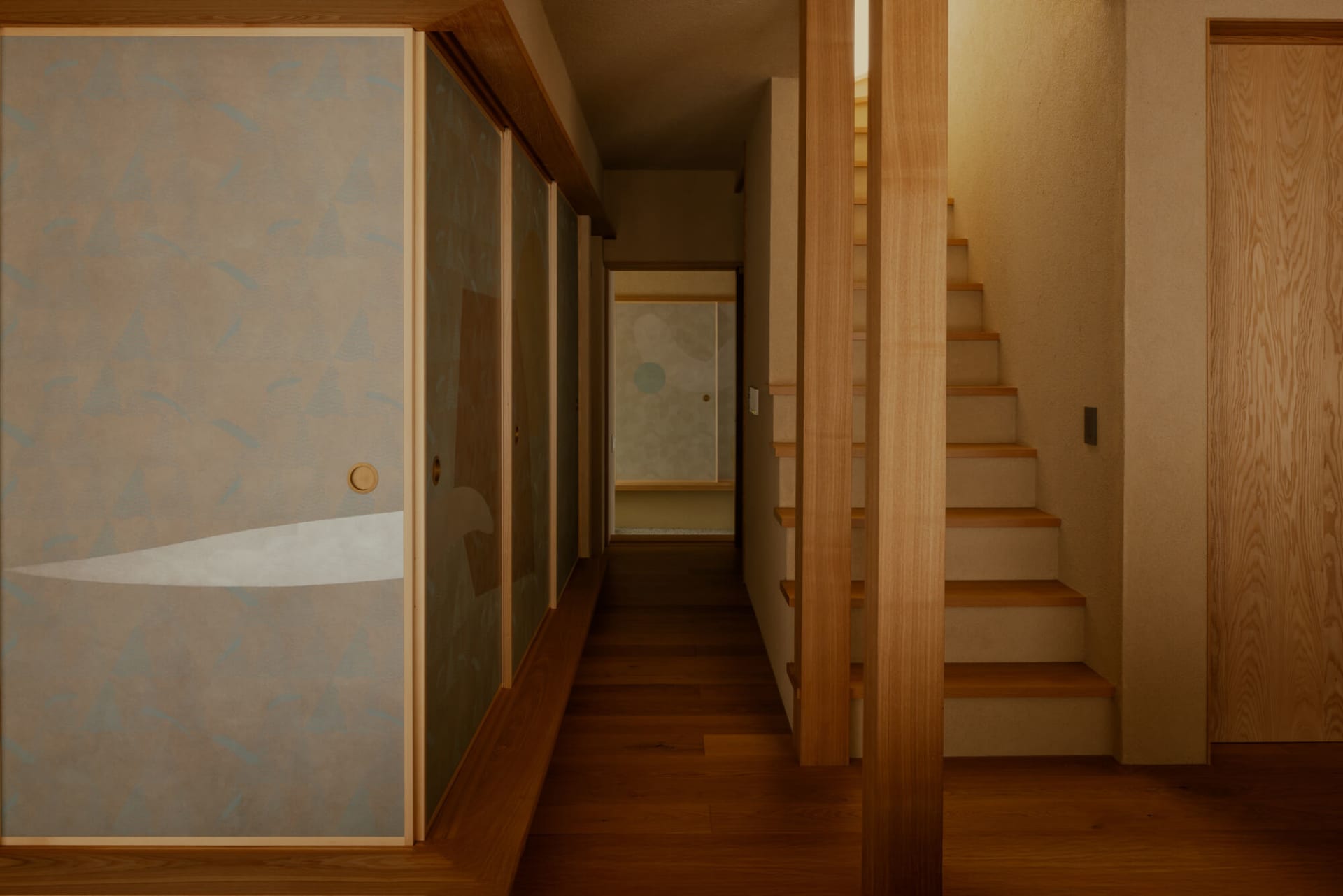 A dimly lit hallway with a wooden floor and staircase, featuring modern clean lines and minimal decoration, with natural light from windows