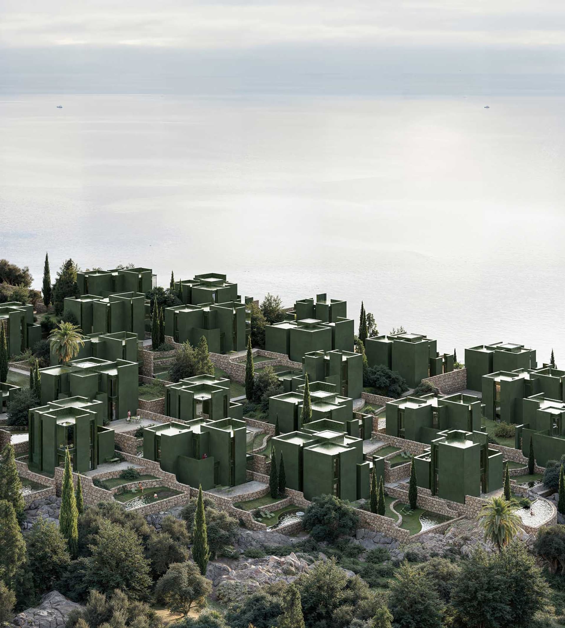 A rendered architectural scene of a city with numerous green buildings, set against a backdrop of water, with sunlight streaming in from the top left corner, creating a bright and inviting atmosphere