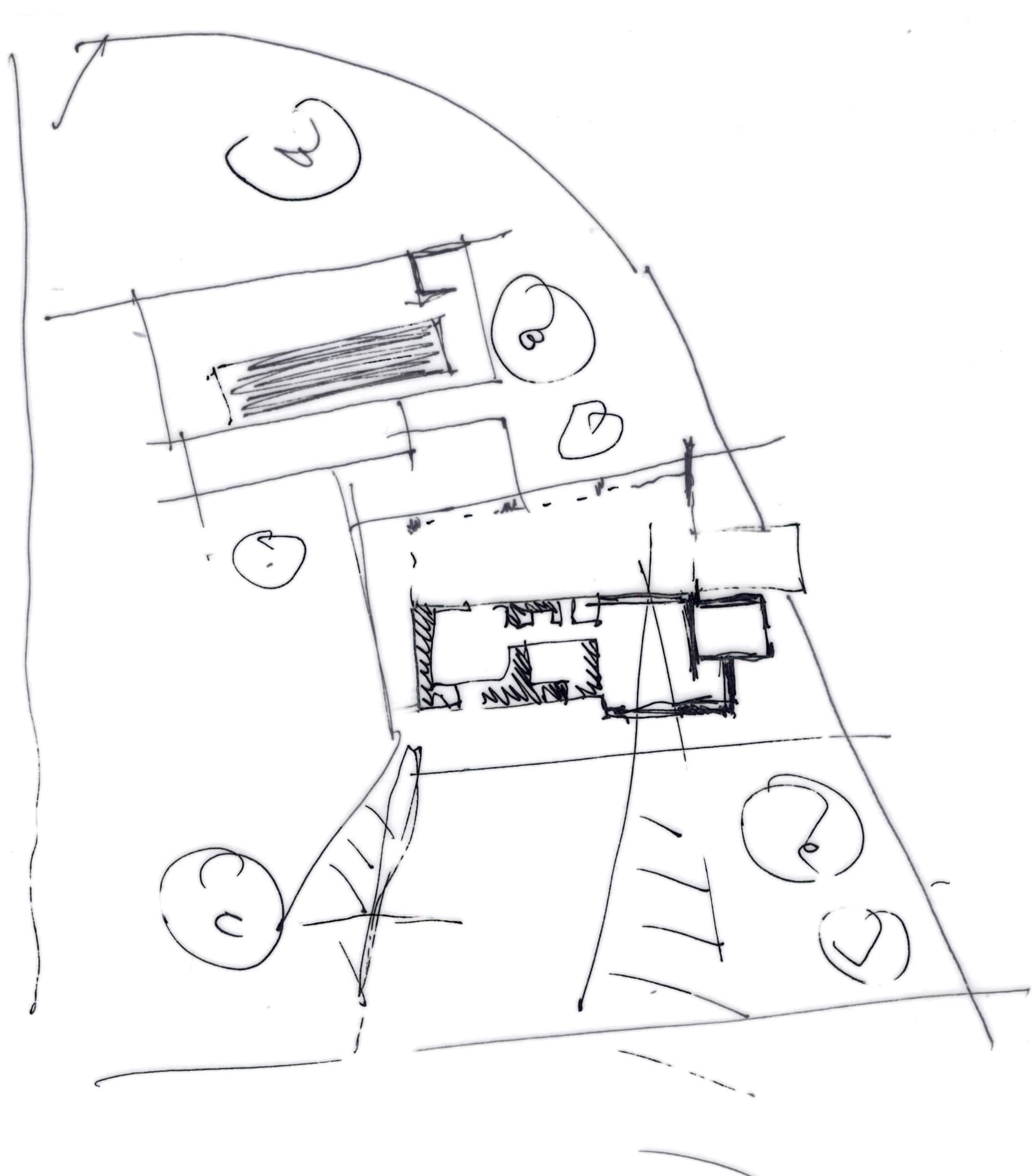 黑白線稿，呈現簡約開放平面室內配置，包含餐桌椅，以及附有沙發的小空間
