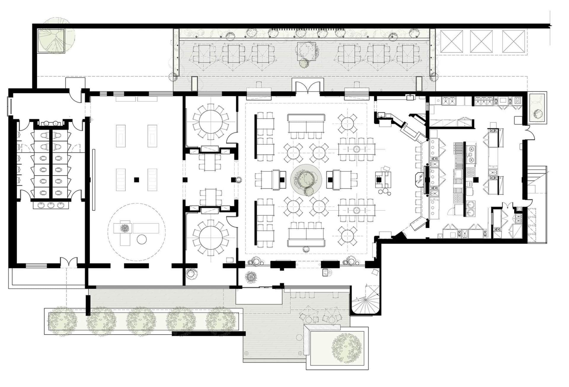A well-organized floor plan of a large open space with multiple tables and chairs, designed for dining and socializing, with clear labels and measurements