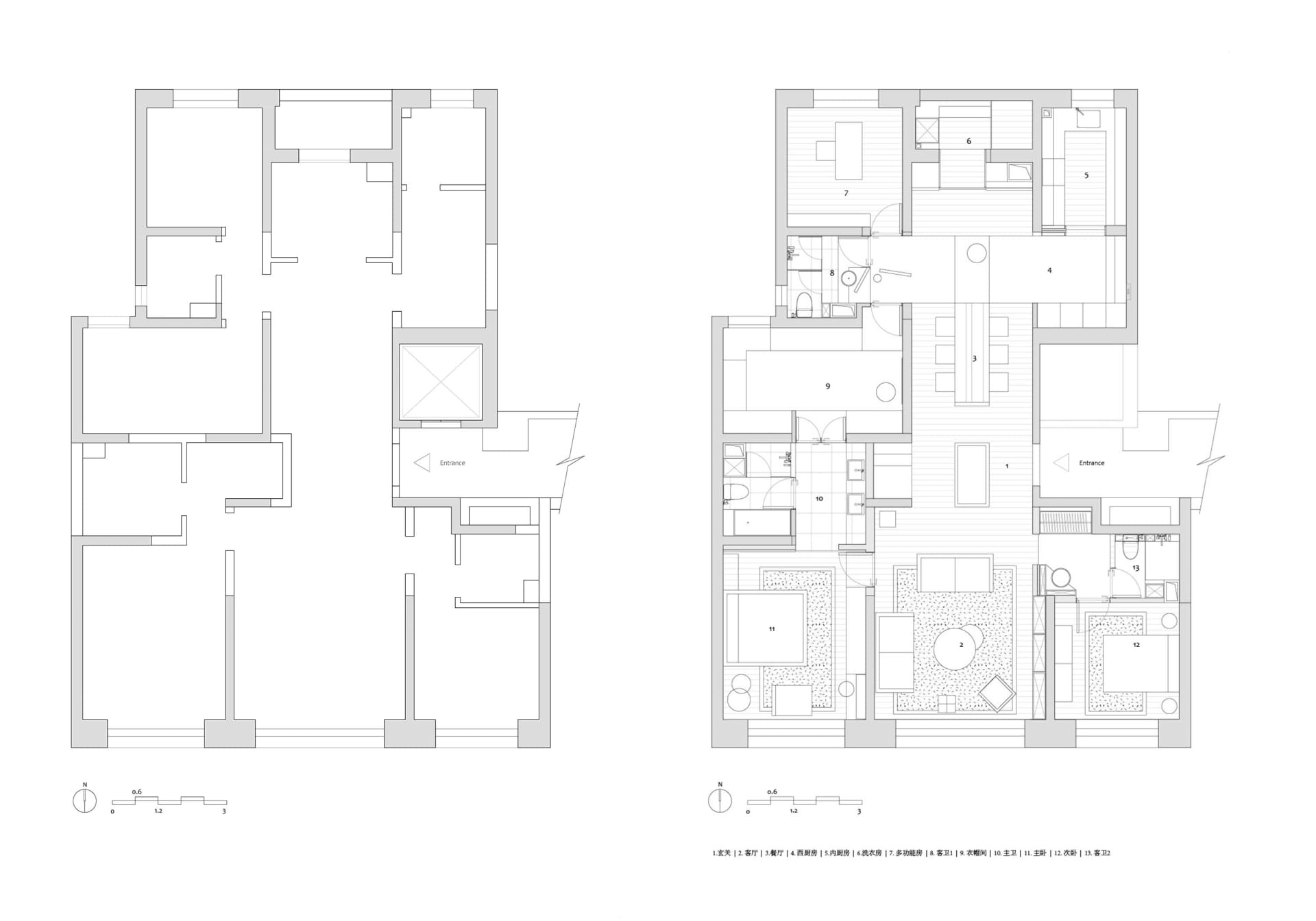 Black and white architectural floor plan showing two versions of a multi-bedroom residential layout with labeled rooms, furniture placement, and scale.