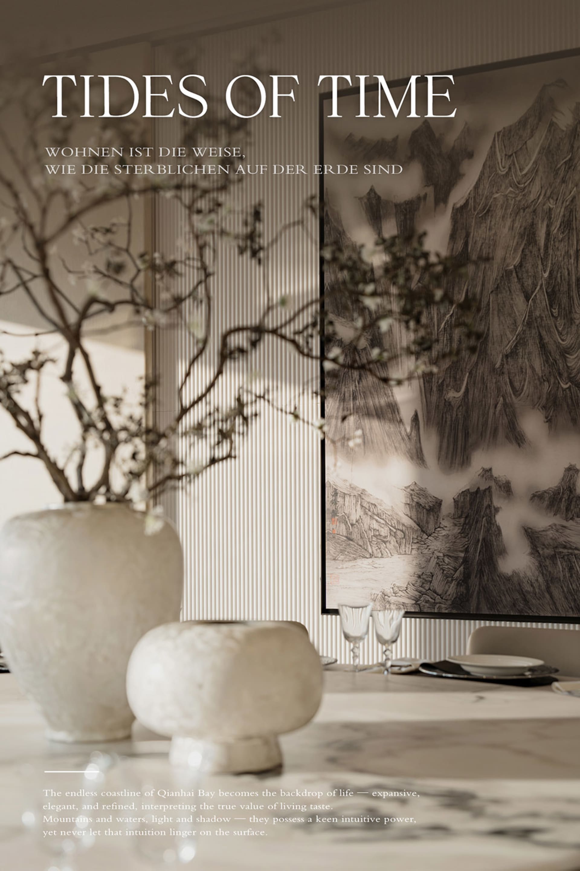 Elegant dining area featuring a large black and white Chinese ink painting of misty mountains, a fluted wall panel, textured ceramic vases with dried branches, and a marble dining table set with crystal glassware.
