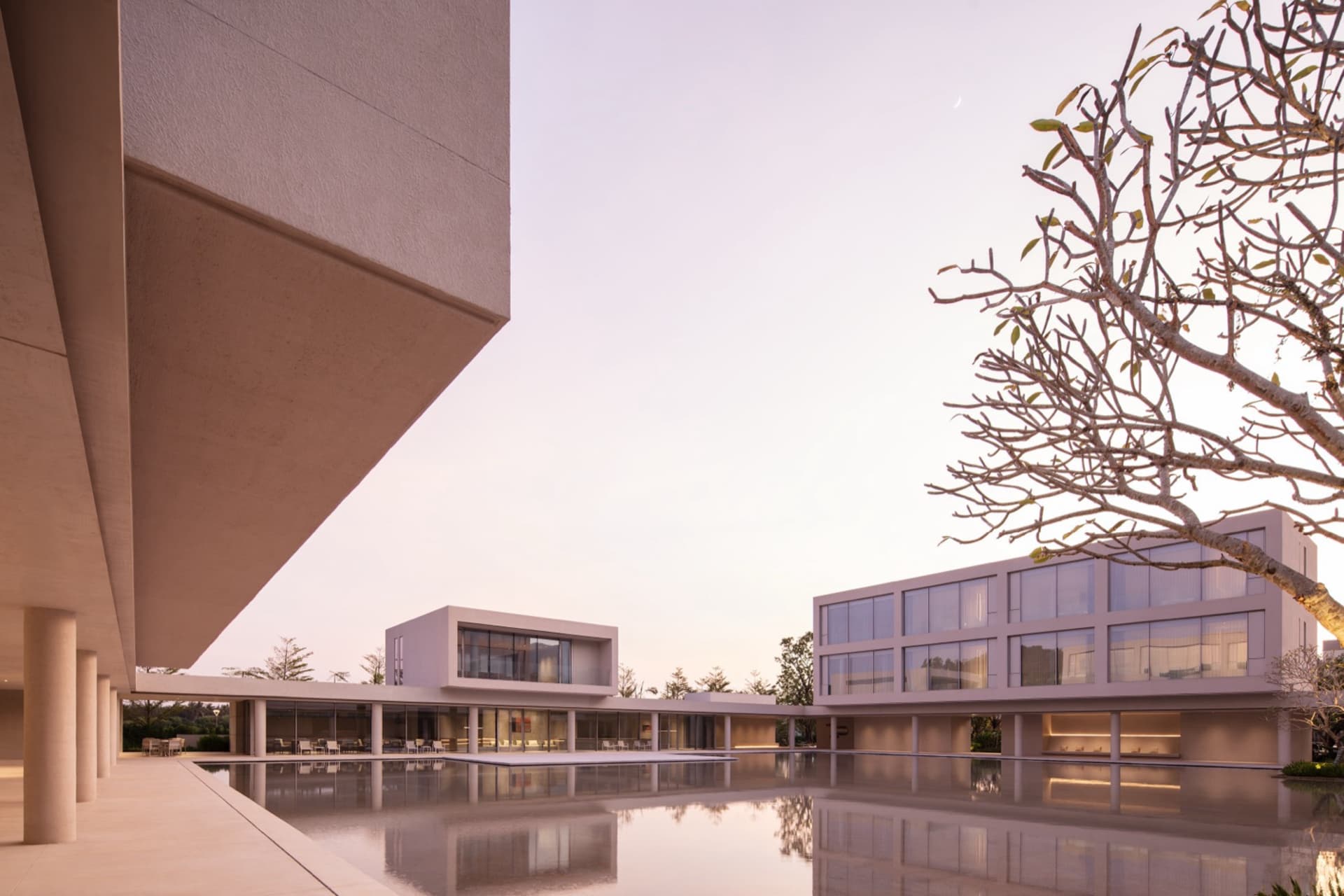 Modern minimalist concrete villa with large glass windows, elevated on pillars, surrounding a large rectangular reflecting pool at dusk, with a plumeria tree in the foreground.