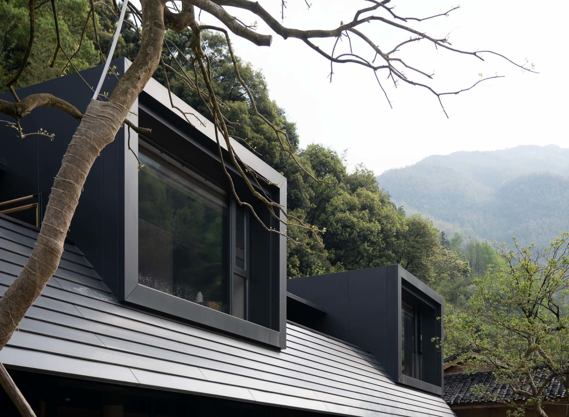 Modern black metal house with large windows nestled among green mountains and trees, viewed from below with foreground tree branches.
