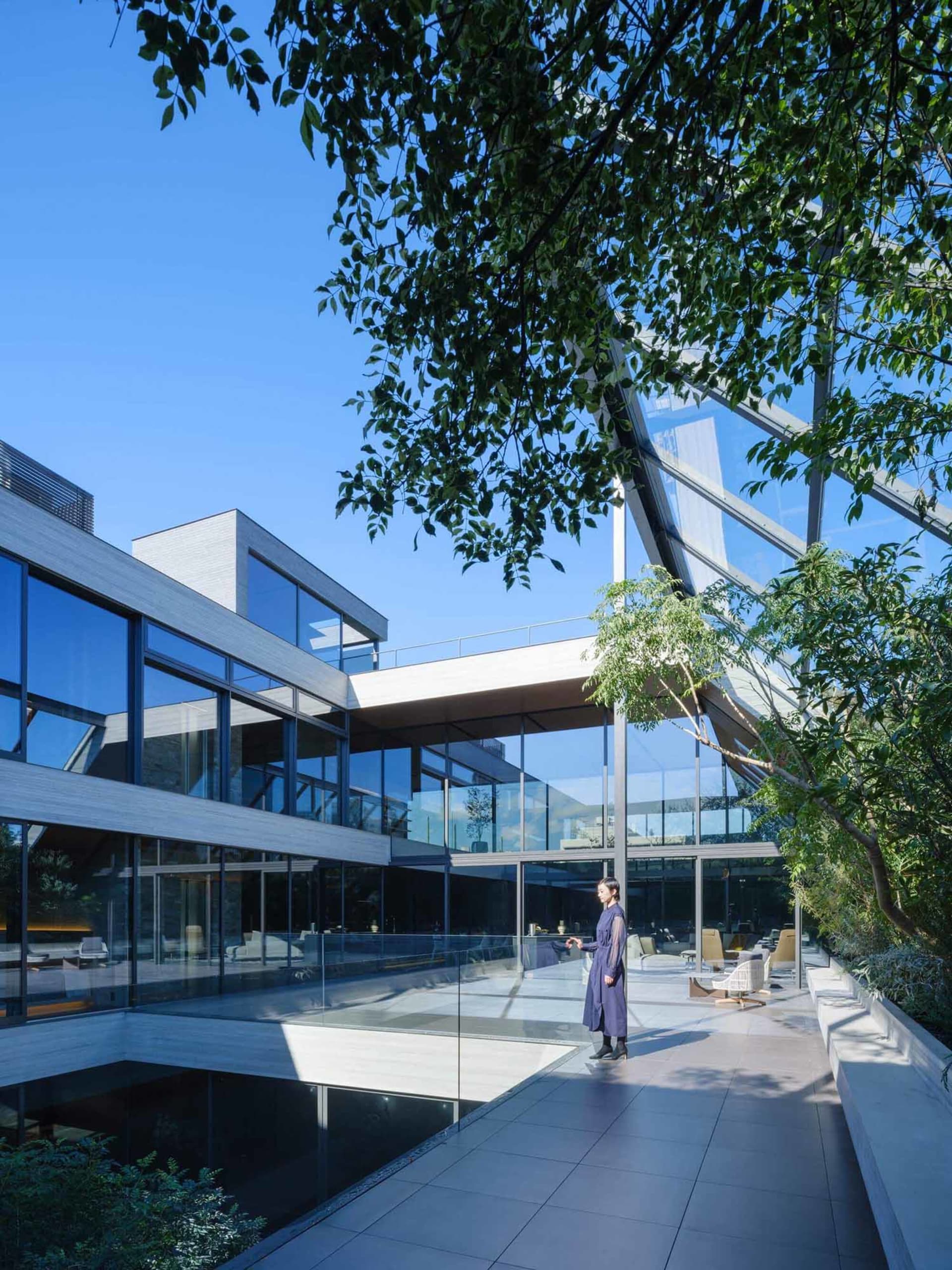 Modern glass courtyard house with large reflective pool, concrete and glass architecture, woman standing on terrace under blue sky with overhanging tree branches.