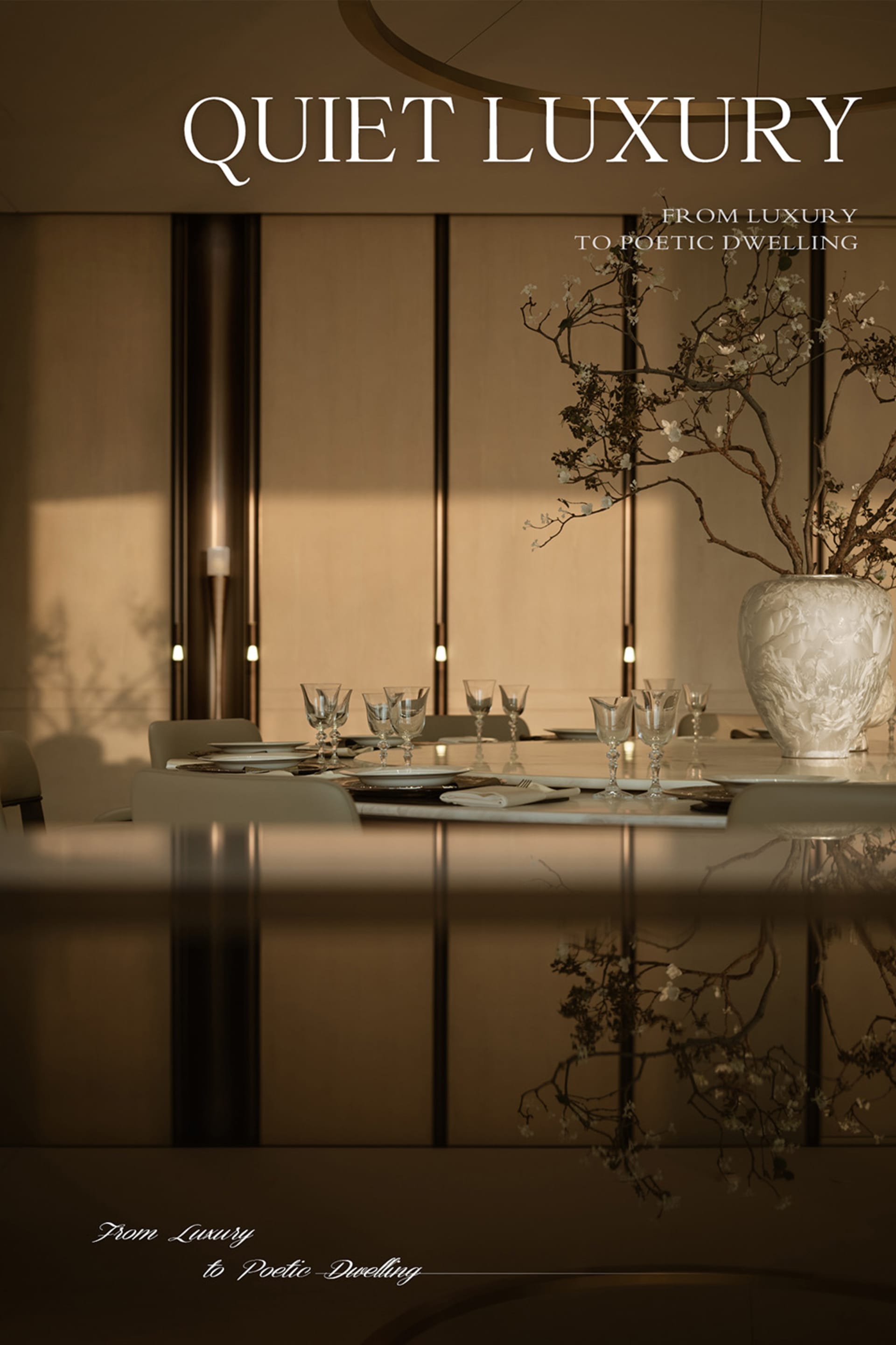 Elegant modern dining room featuring a long white marble table set with crystal glassware, neutral upholstered chairs, and a large textured white ceramic vase holding delicate cherry blossom branches, illuminated by soft vertical wall sconces.