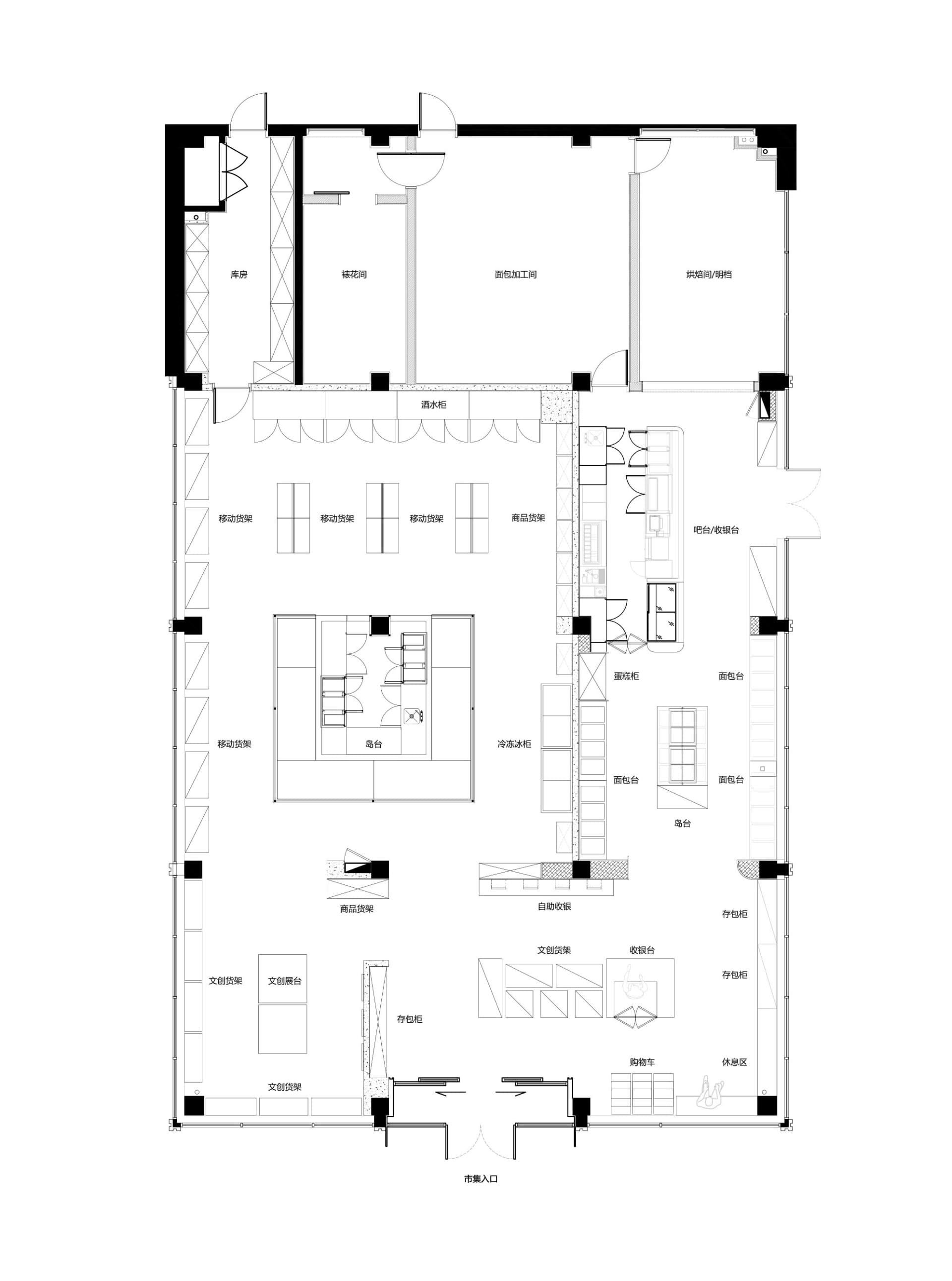 Black and white architectural floor plan of a large multifunctional commercial space including bakery, cafe, bookstore, and various retail zones with Chinese labels.