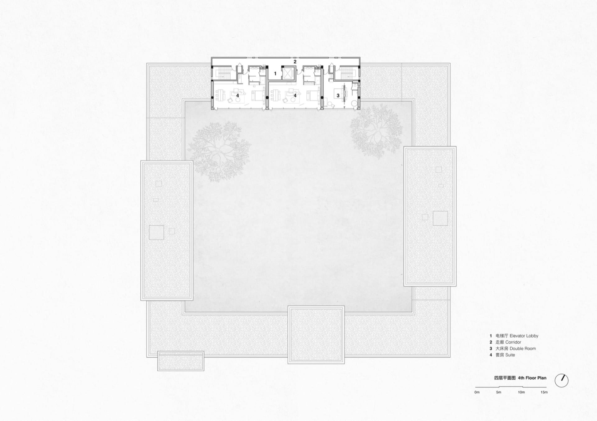 Black and white technical floor plan of a modern U-shaped courtyard residence on the 4th floor, featuring an elevator lobby, corridors, double rooms, and suites arranged around a large open courtyard with trees.