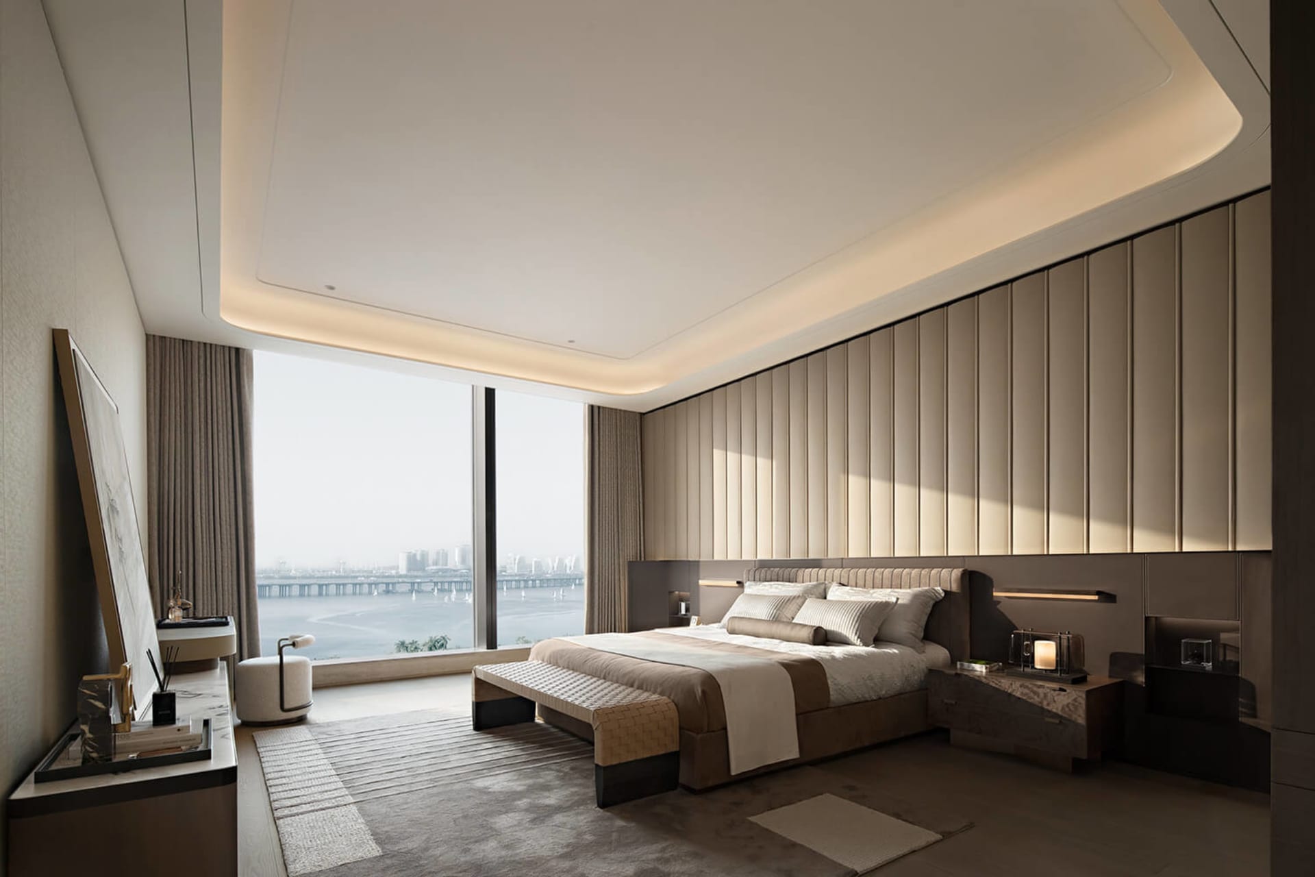 Modern luxury bedroom with large harbor view window, vertical beige textured wall panels, upholstered bed, and integrated lighting