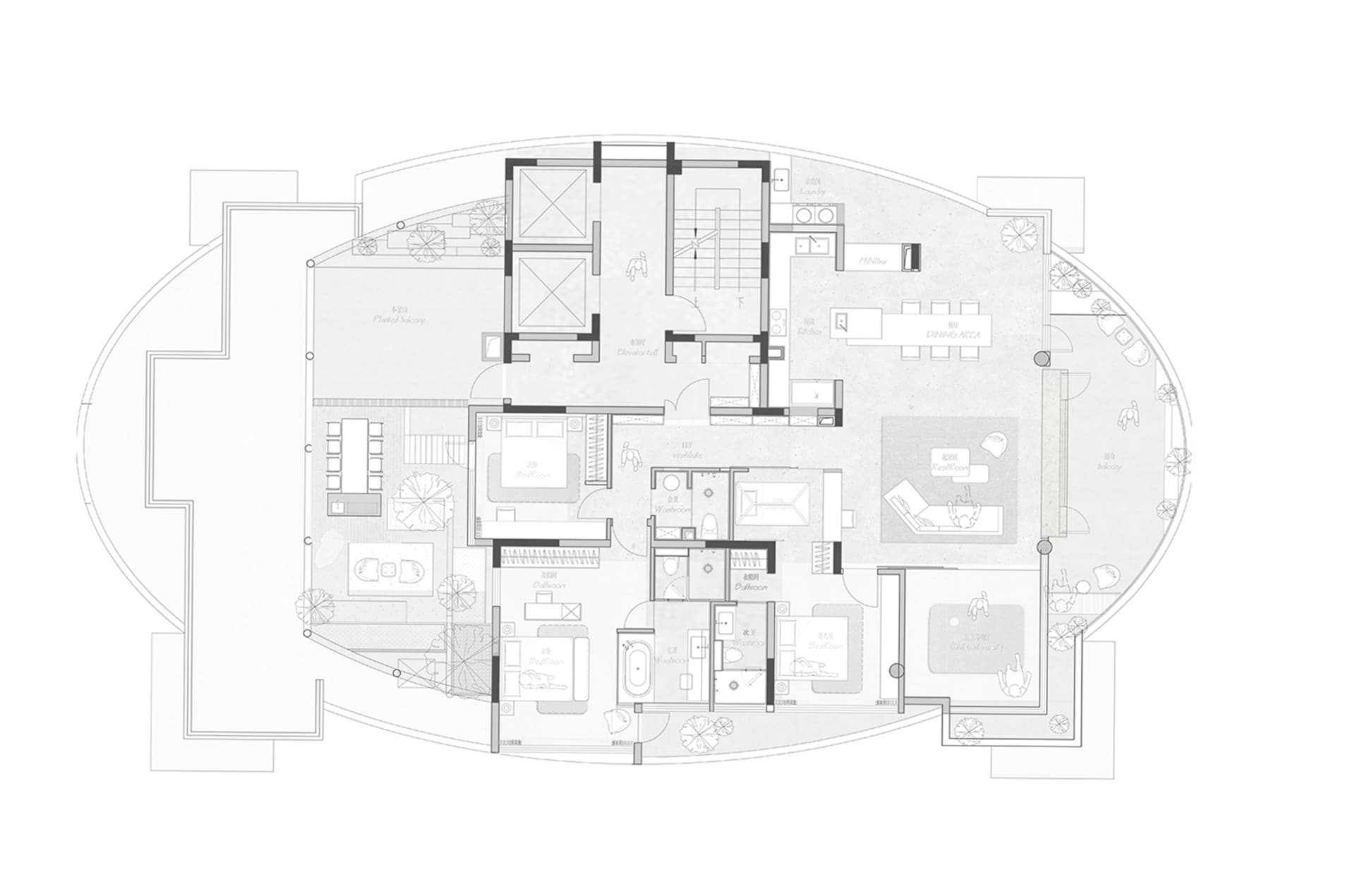 Black and white architectural floor plan of a luxury curved residential apartment showing living areas, bedrooms, bathrooms, kitchen, dining area, and multiple balconies.