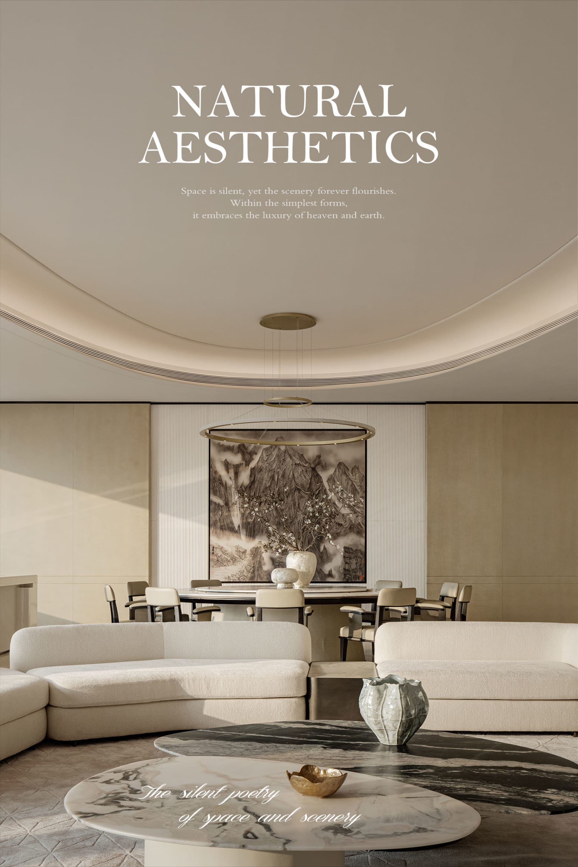 Modern minimalist living and dining room featuring two curved white sofas, a round marble coffee table, a large Chinese ink-wash mountain painting, and a dramatic circular pendant light under a curved ceiling.