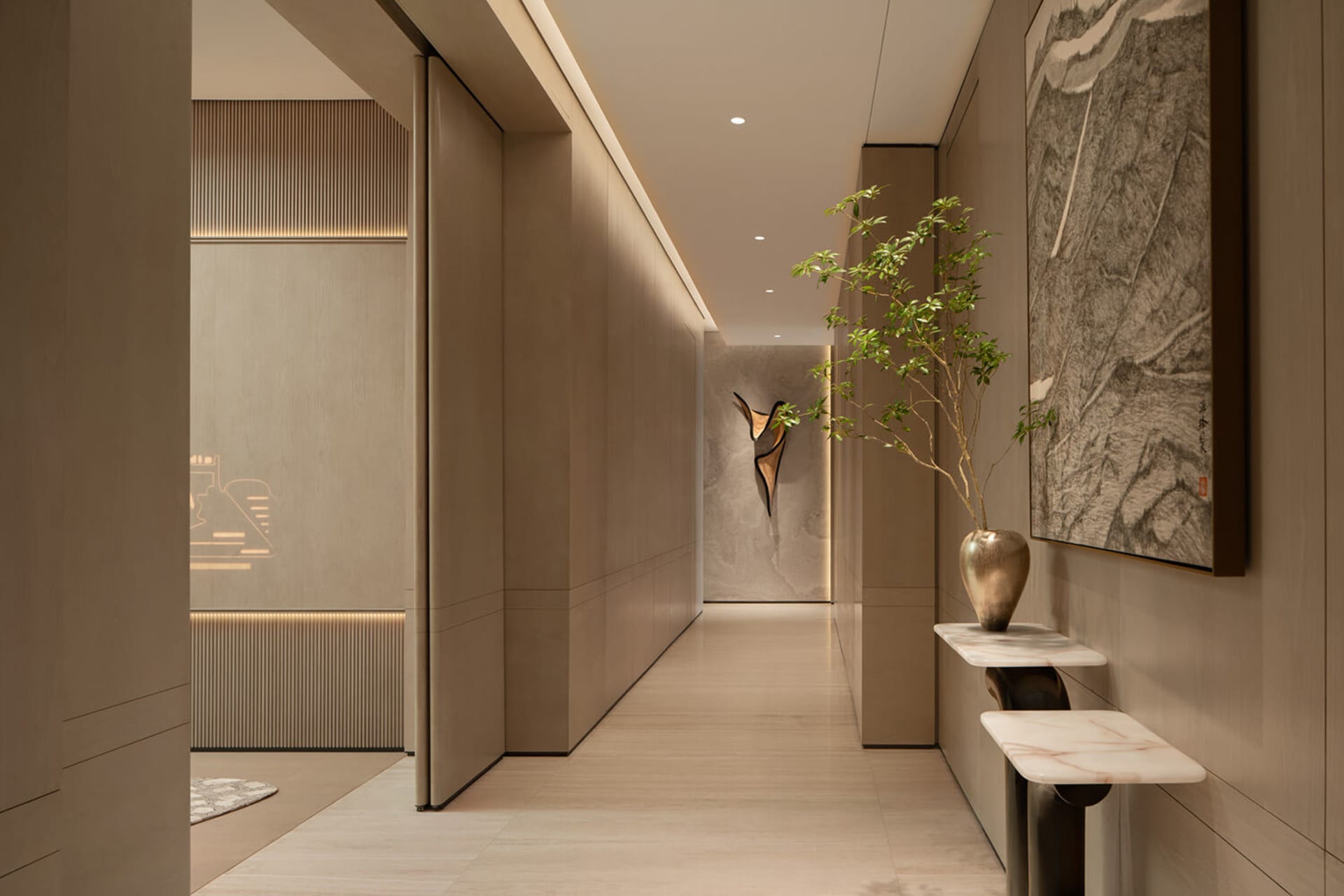 Modern minimalist hallway featuring light wood paneling, recessed lighting, marble console table with bronze vase and potted tree, and large Chinese ink painting on the wall.