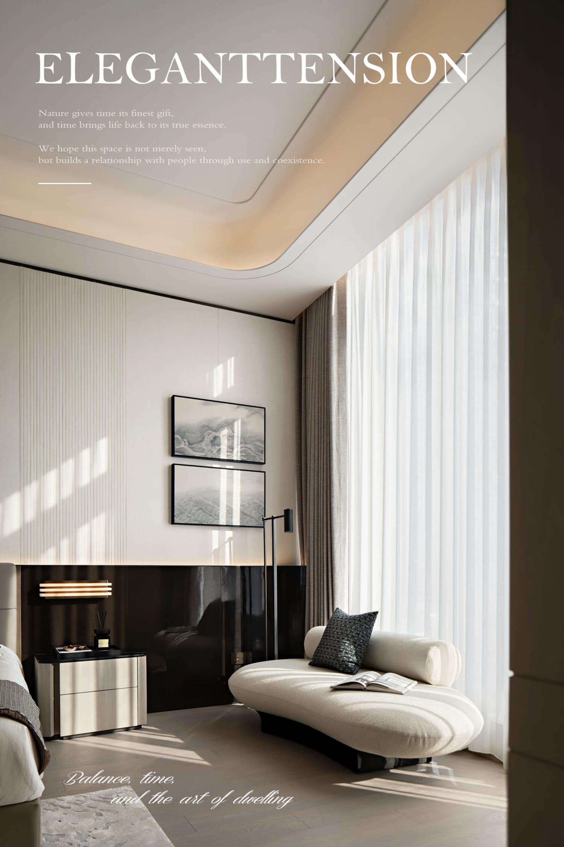 Modern minimalist bedroom corner featuring a curved white bouclé chaise lounge, dark walnut cabinetry, vertical wall paneling, and two framed seascape artworks, illuminated by soft natural light from sheer curtains.