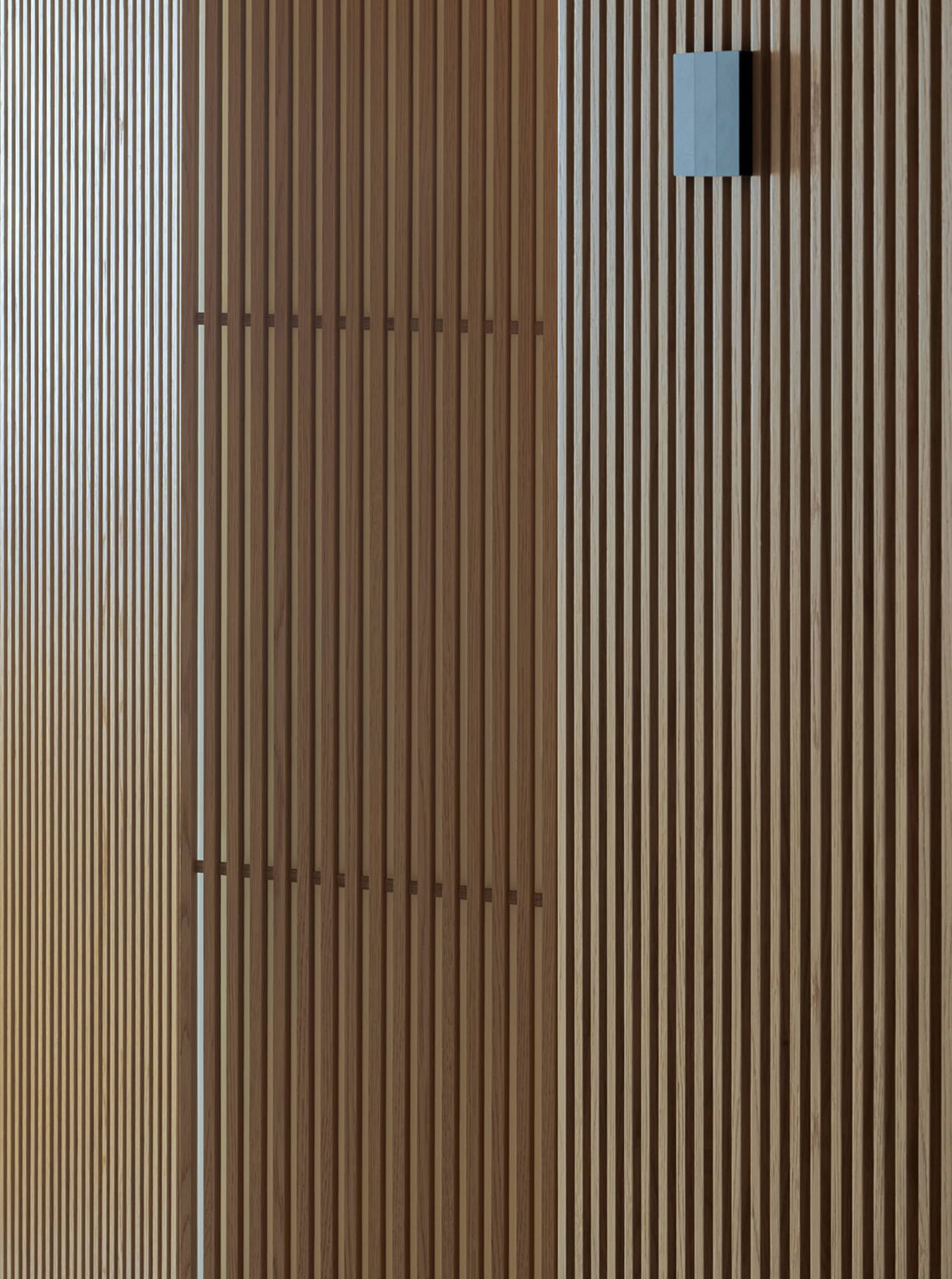 Close-up of a vertical oak wood slat wall featuring two horizontal bands of darker joinery and a modern rectangular blue wall sconce mounted on the upper right.