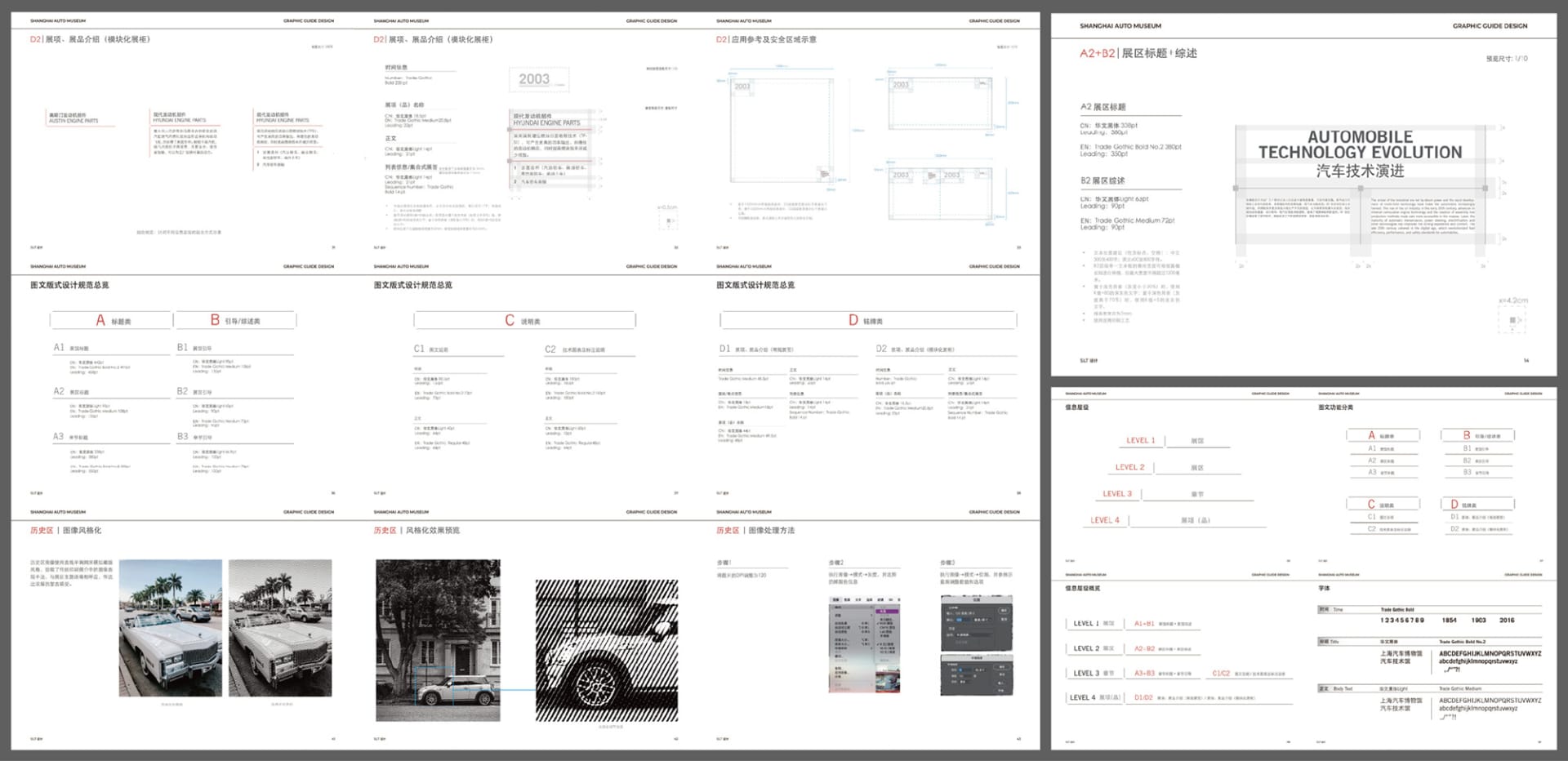 Multiple pages from the Shanghai Auto Museum Graphic Guide Design manual showing typography standards, layout templates, exhibition module specifications, and historical image treatment examples.