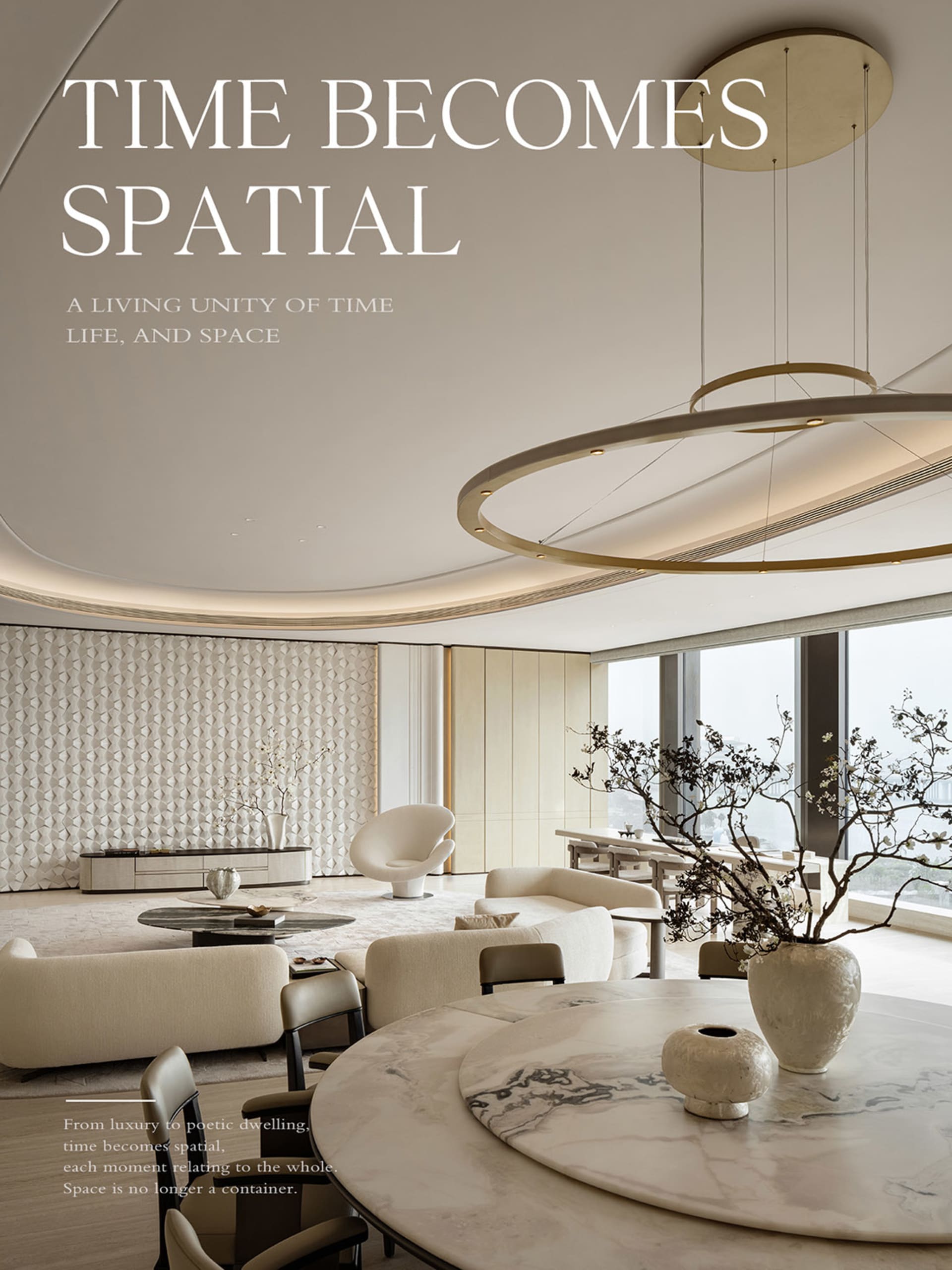 Modern luxury living and dining area featuring a large white marble round table, curved cream sofas, textured accent wall, and a dramatic circular pendant light fixture.
