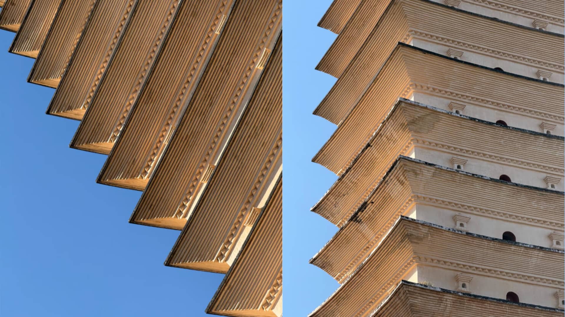 Close-up architectural photograph of a traditional Chinese stone pagoda showing detailed corbelled eaves and layered brackets against a blue sky.