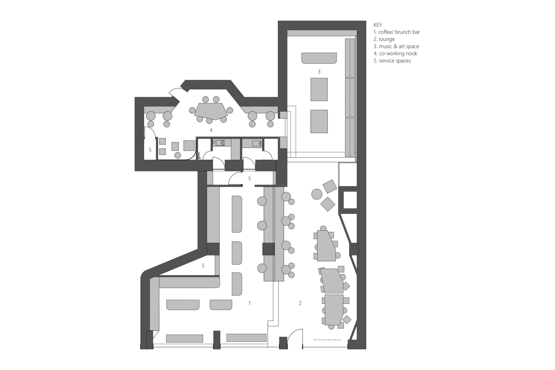 Black and white architectural floor plan of a multi-functional venue featuring labeled zones for coffee bar, lounge, music and art space, co-working nook, and service spaces.