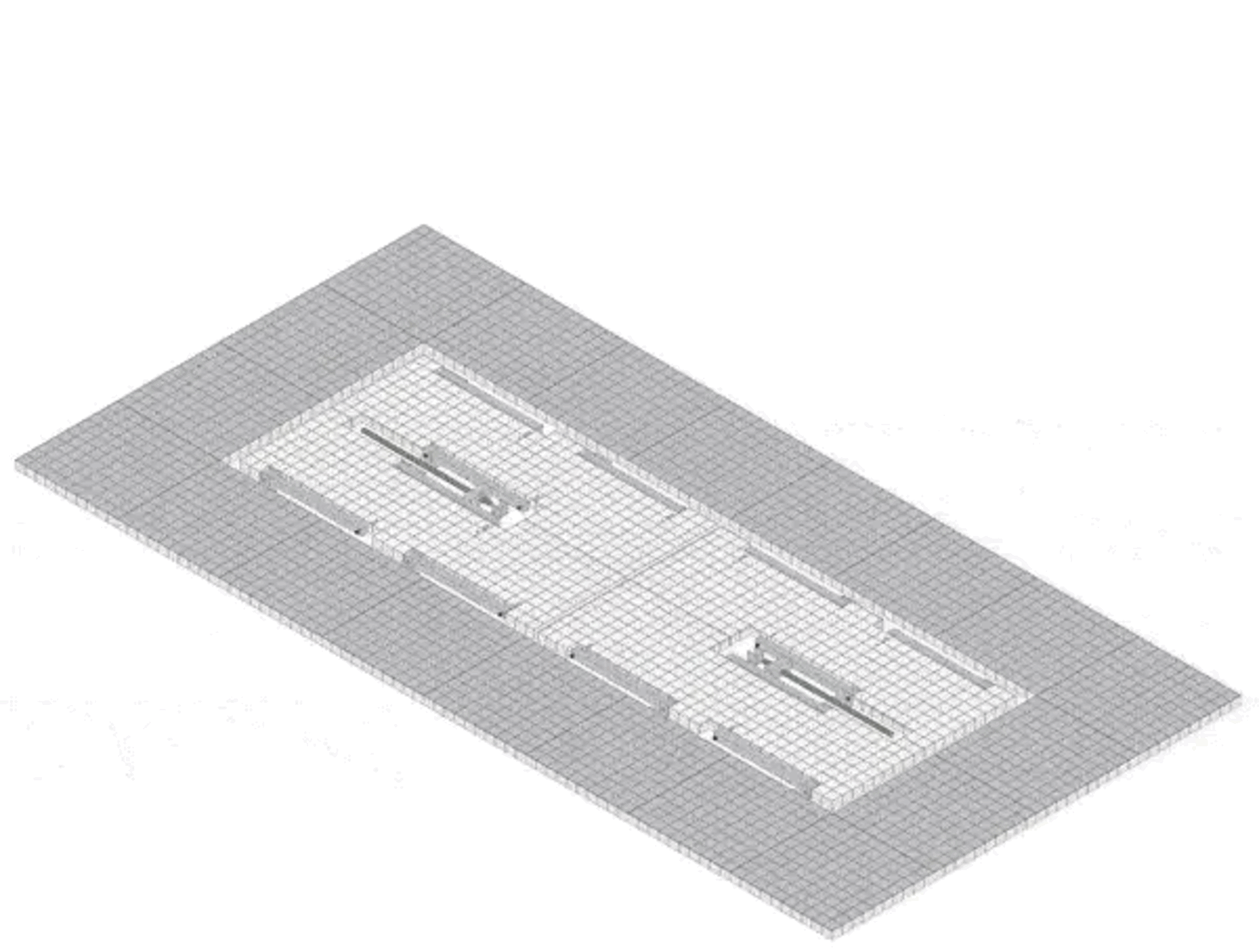 Isometric 3D view of an office floor plan displayed on a grey grid base, showing partitioned workspaces and circulation paths.