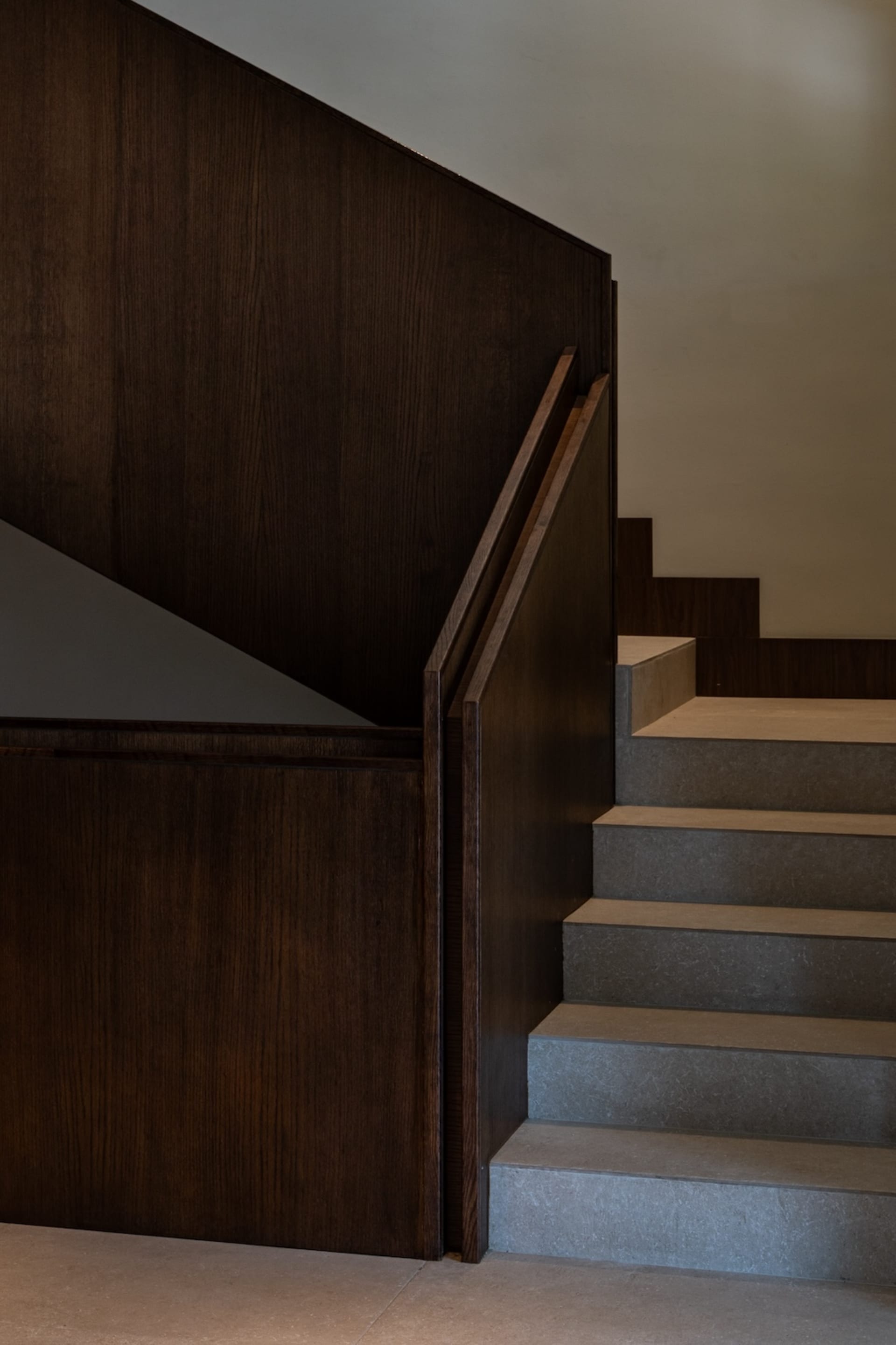 Close-up view of a modern staircase featuring dark walnut wood paneling on the wall and stringer, paired with floating concrete treads.