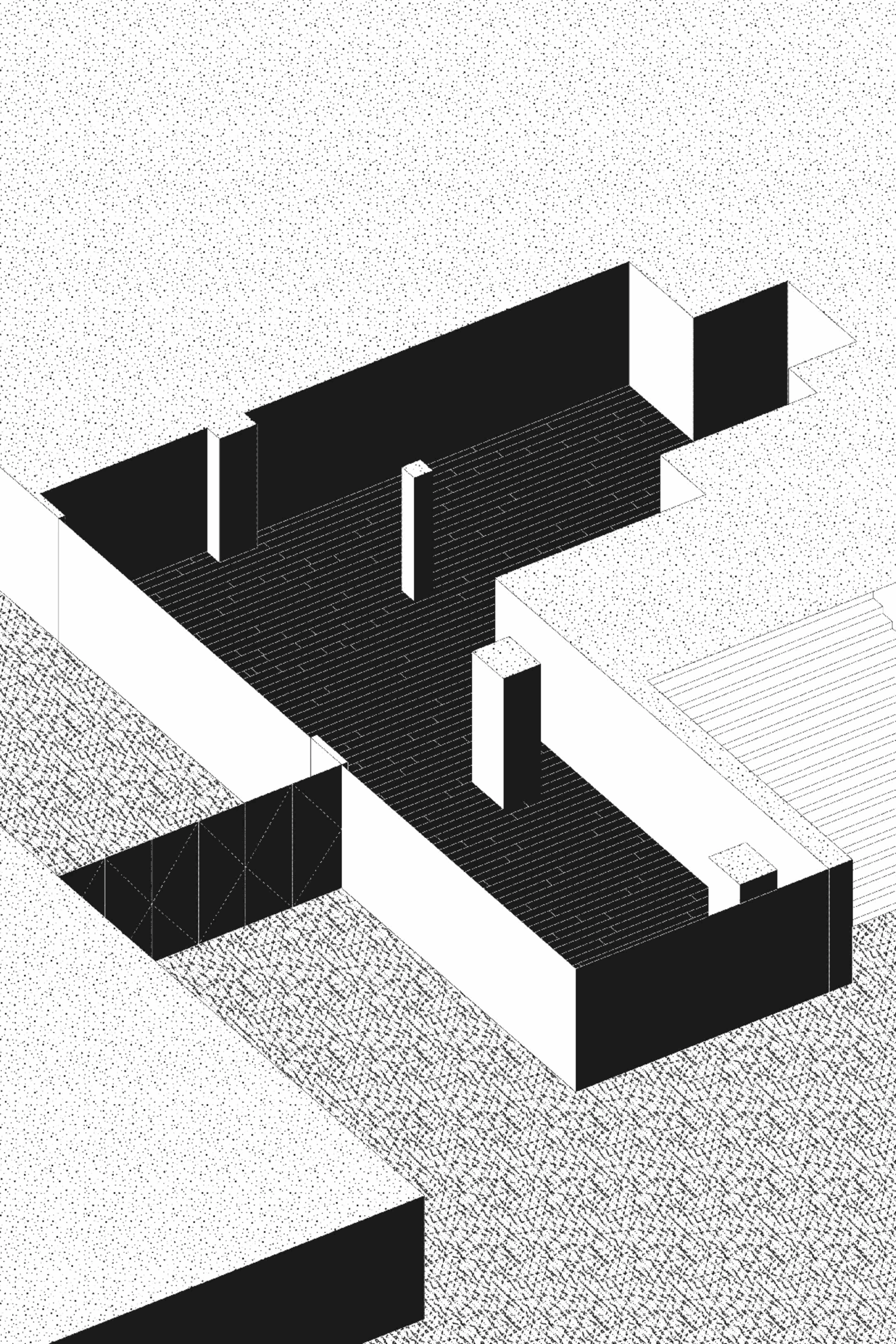 Black and white isometric architectural drawing of a modern house with concrete walls, wooden deck flooring, and stepped terraces.