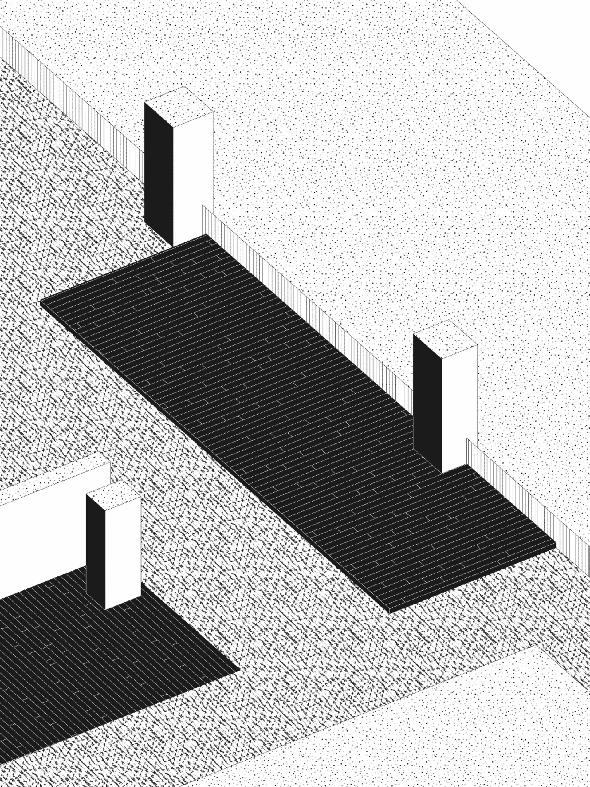 Black and white isometric architectural drawing of an outdoor patio featuring rectangular brick platforms and three tall cubic columns against a dotted ground plane.