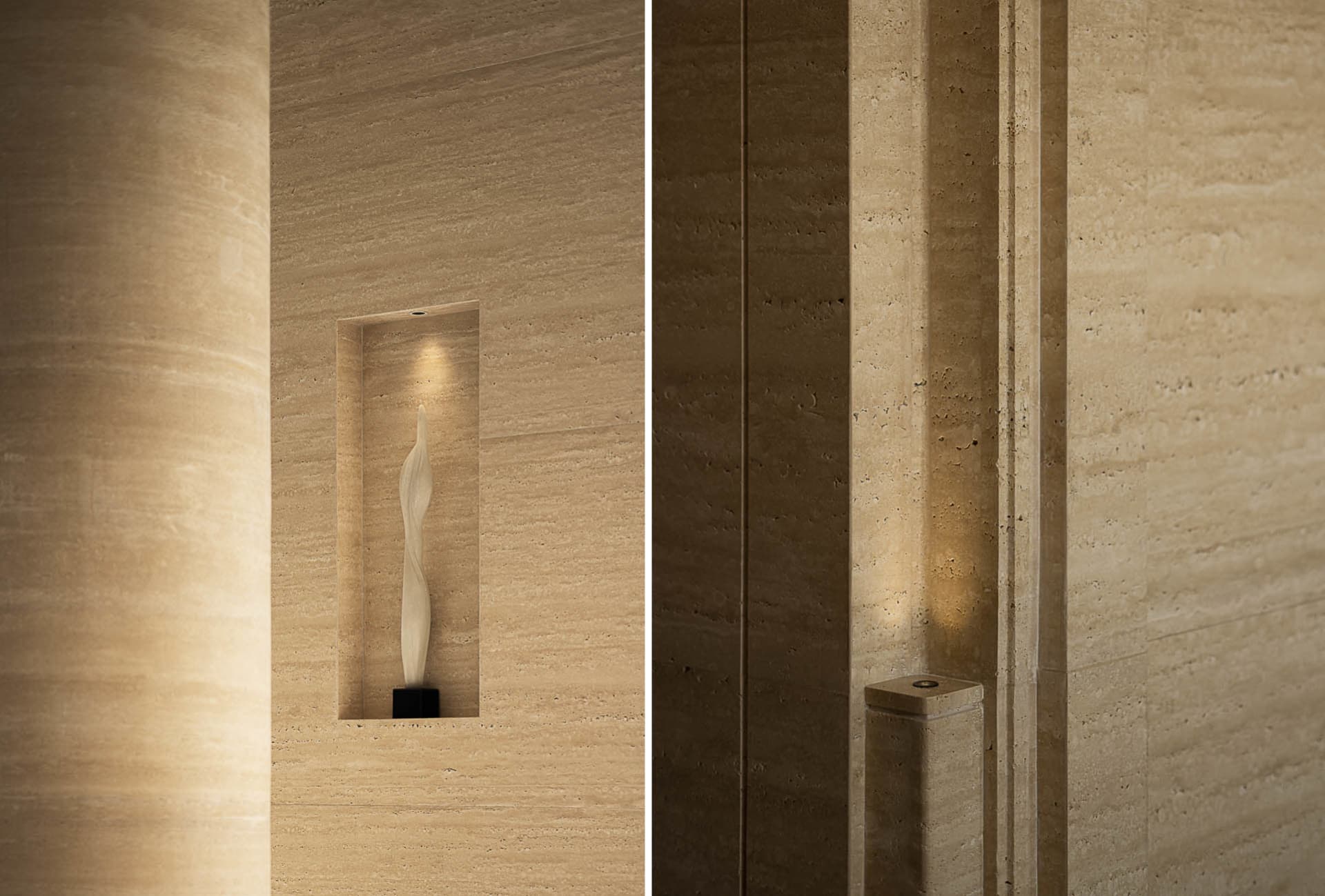 Close-up of a luxurious travertine wall featuring a recessed illuminated niche displaying a white abstract sculpture on a black base.