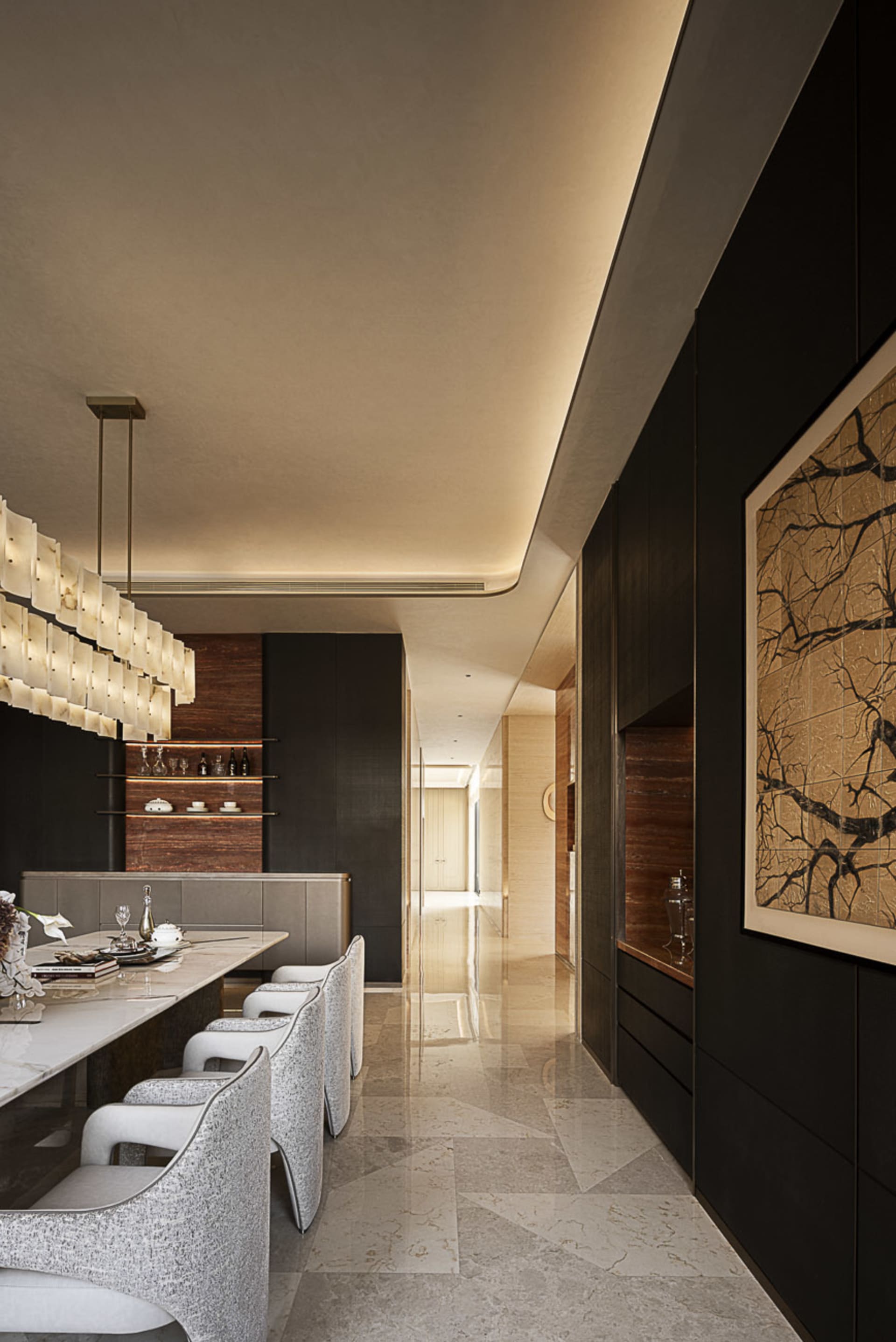Modern luxury dining room with white marble dining table, six textured bouclé dining chairs, dark walnut cabinetry, contemporary chandelier, and large Chinese ink painting on the wall.