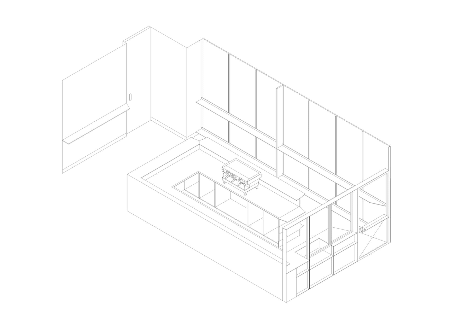Isometric architectural line drawing of a commercial kitchen featuring a central cooking island, multiple storage units, and pass-through service counter.
