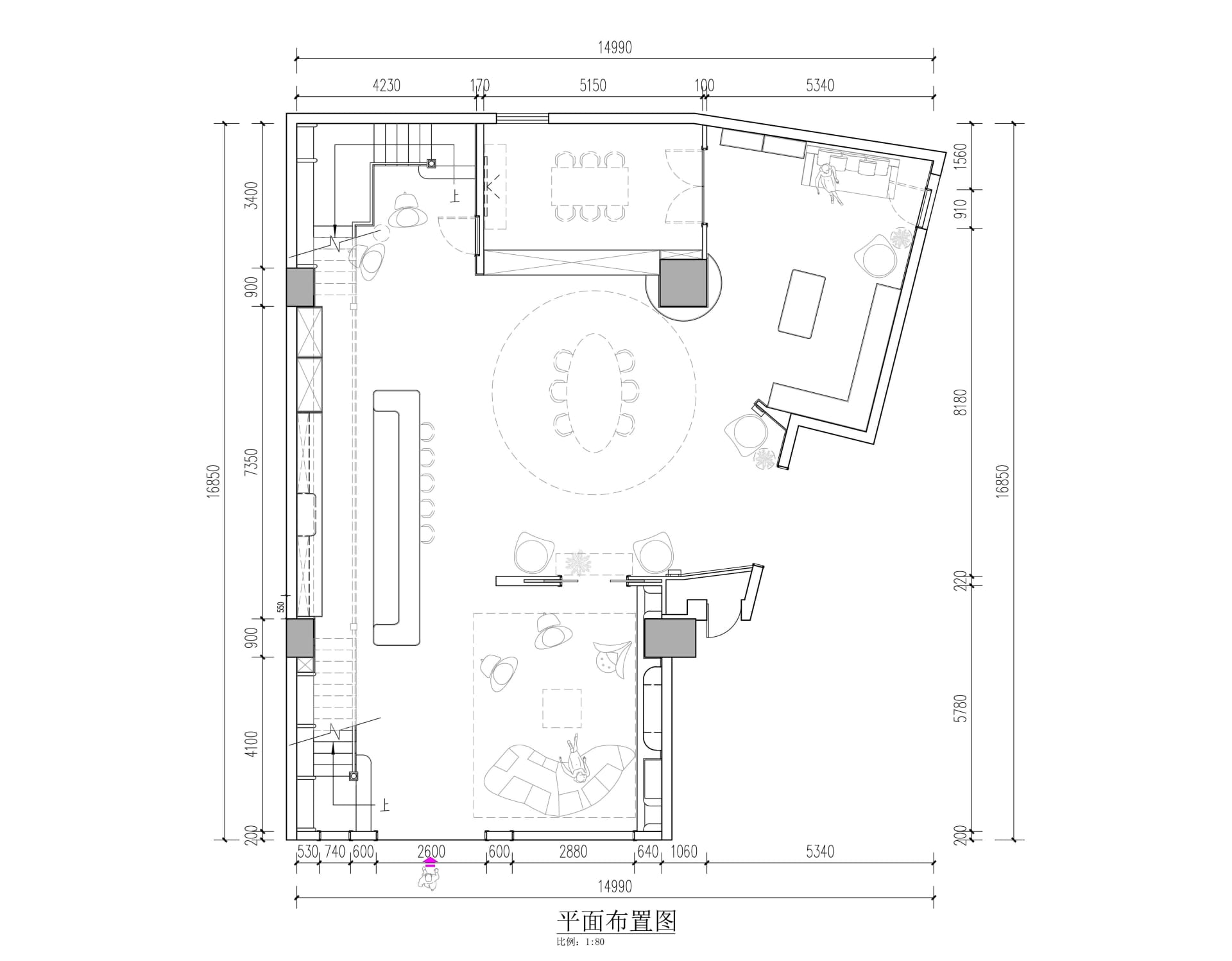 Black and white architectural floor plan of a large two-story luxury villa measuring 14.99 meters in width, featuring a prominent circular living area, formal dining room, open kitchen, multiple seating zones, and staircases.