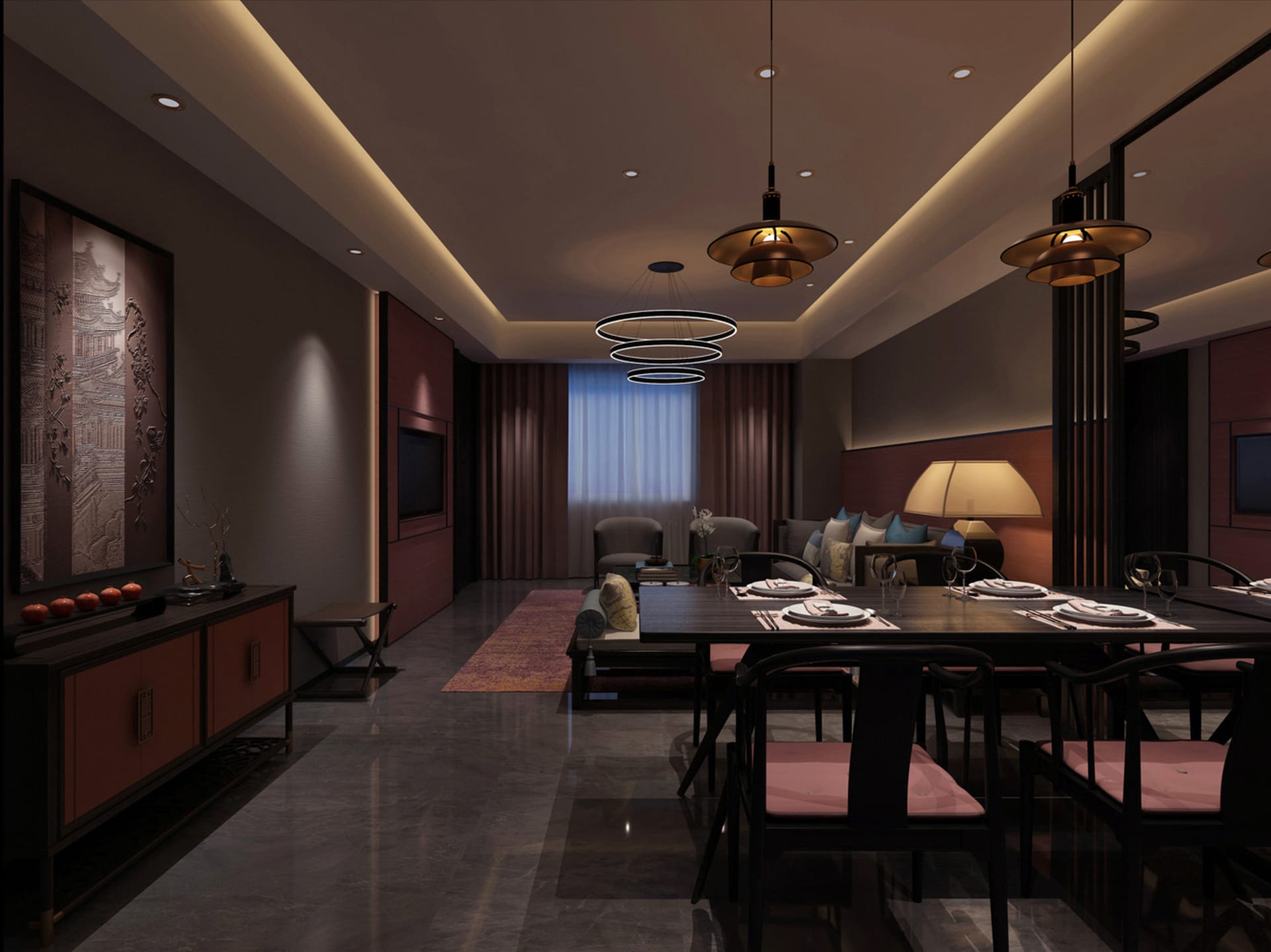 Modern luxury dining room with dark walnut table and chairs with pink cushions, multiple circular pendant lights, sideboard with Chinese art panel, and connected living area in the background.
