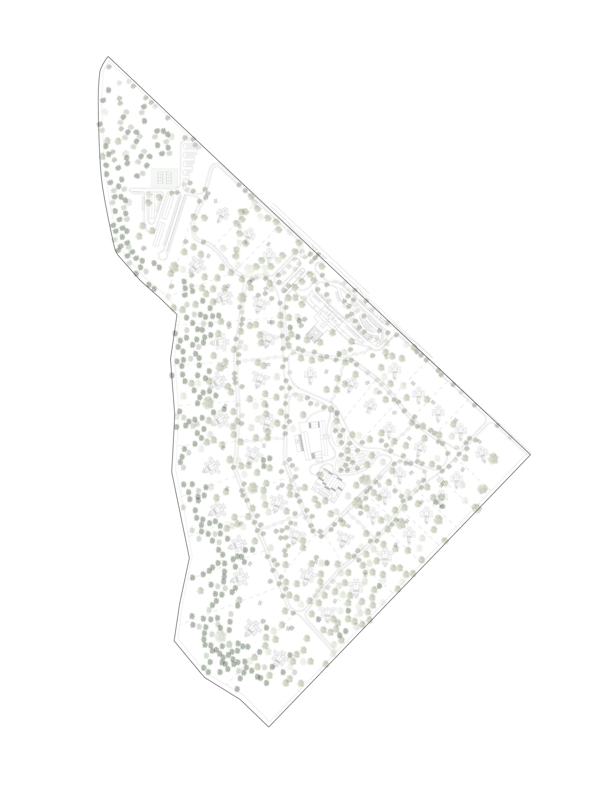 Monochrome architectural master plan drawing showing a large-scale low-density residential development with dense clusters of trees, winding roads, and individual housing plots.
