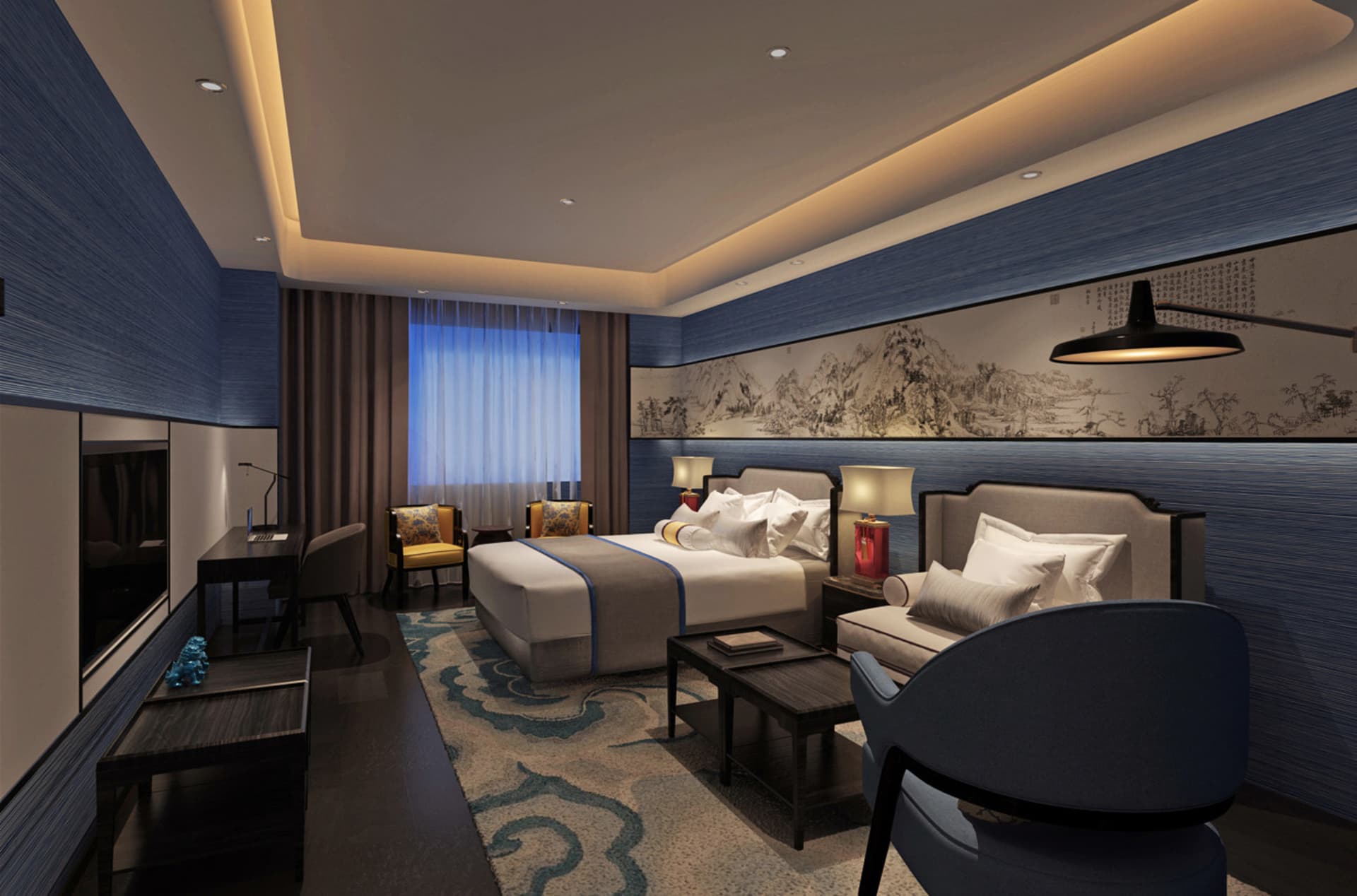 Modern luxury hotel bedroom with deep blue textured walls, king size bed with white linens, blue patterned area rug, dark wood furniture, and a large traditional Chinese mountain ink painting above the bed.
