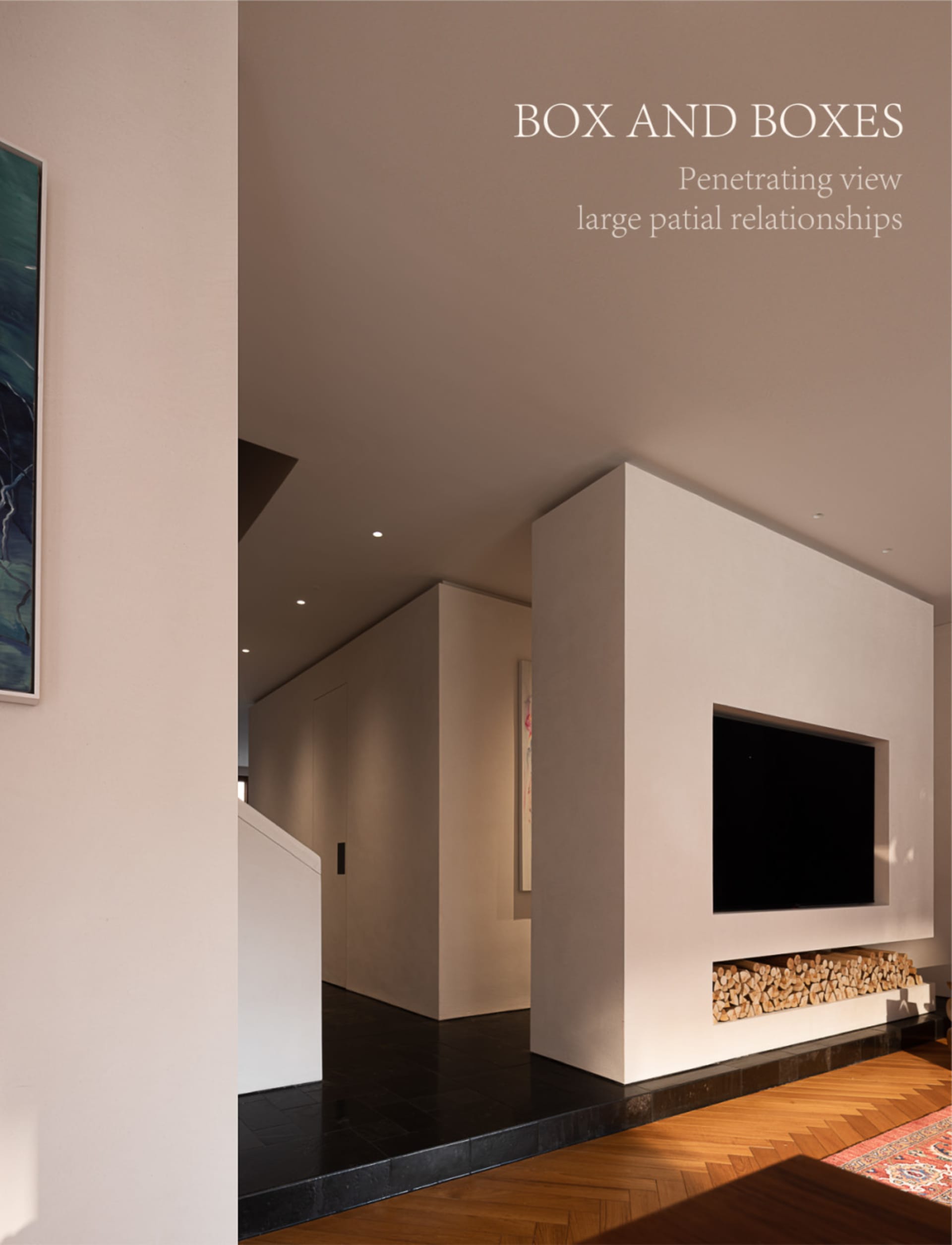 Modern minimalist living room featuring a large white micro-cement fireplace wall with integrated TV and firewood storage, dark tiled floor transitioning to herringbone wood flooring, and a view into a long corridor.