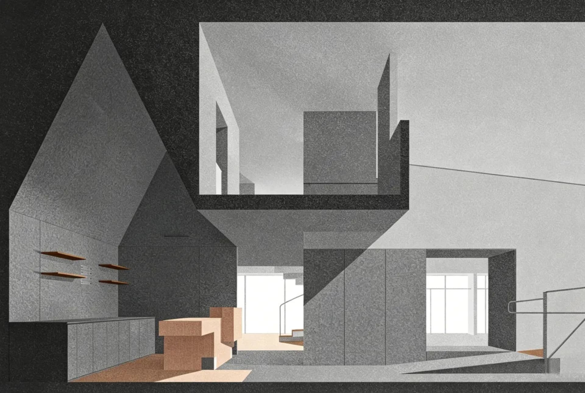 Architectural rendering of a modern brutalist living room featuring exposed concrete walls, a floating staircase, built-in wooden shelves, and terracotta modular sofas.
