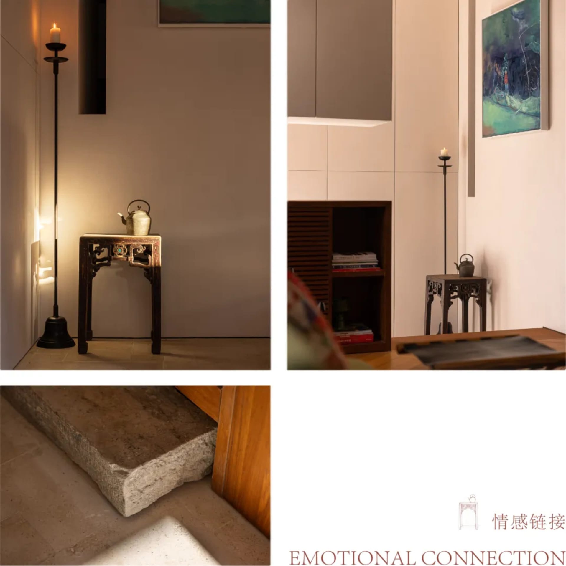 Modern Chinese-style entryway featuring an antique dark rosewood console table, a tall black candle stand with lit candle, stone threshold, and warm ambient lighting.