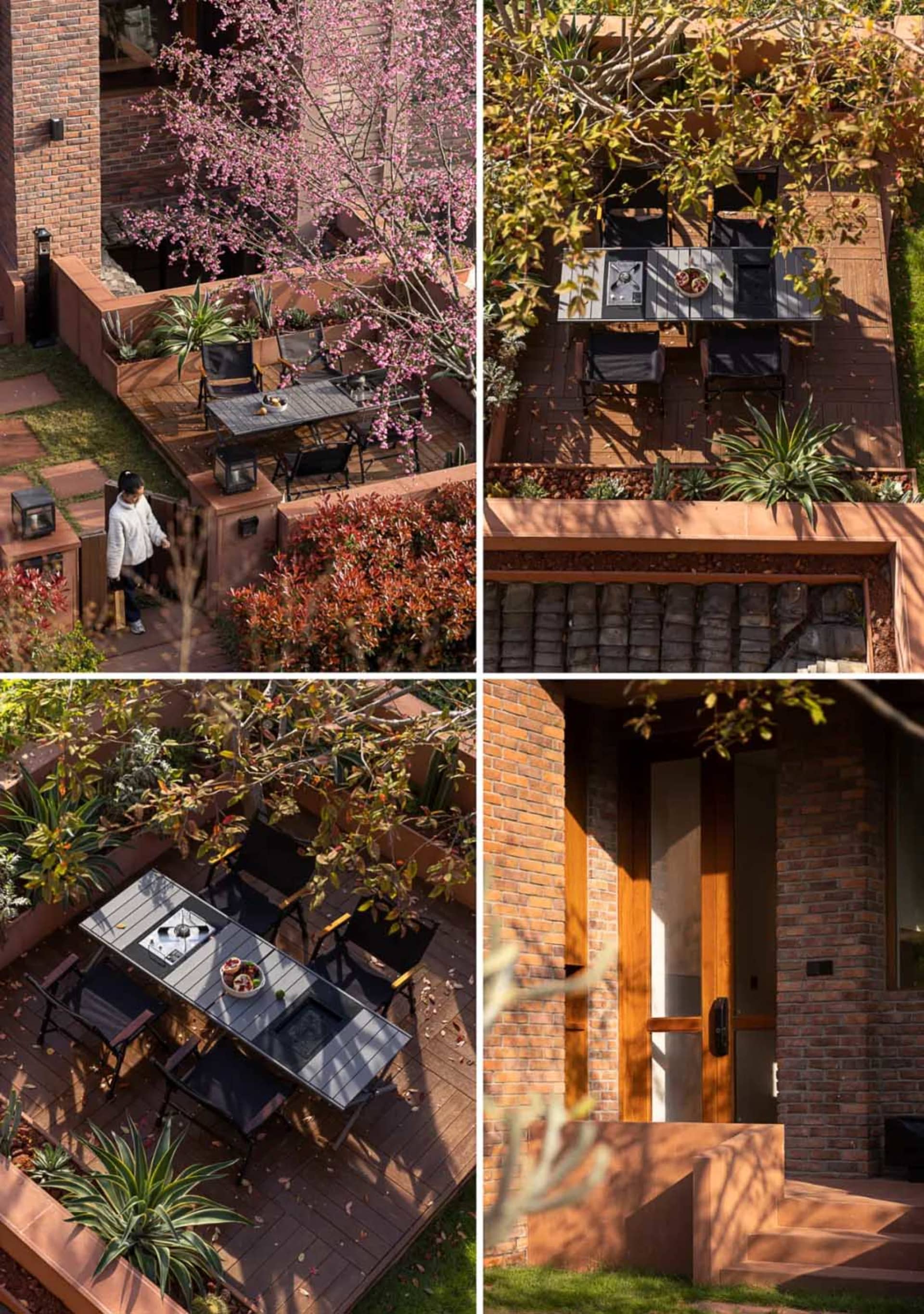 Aerial and eye-level views of a modern red brick courtyard patio featuring wooden decking, black outdoor dining furniture, lush planters, and pink cherry blossom trees.