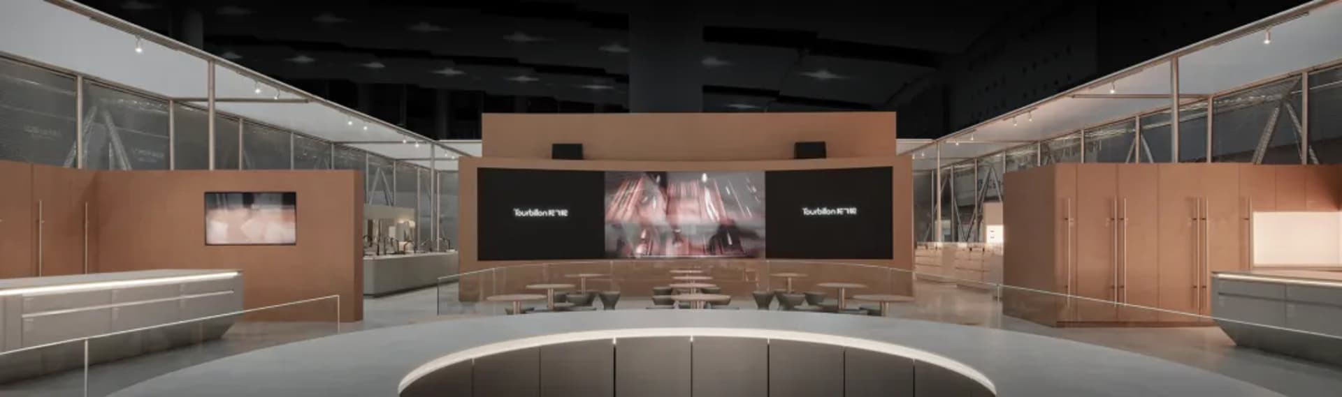 Modern luxury retail interior of Louis Vuitton store in Taipei with curved oak paneling, minimalist furniture, and large digital screens displaying brand imagery.