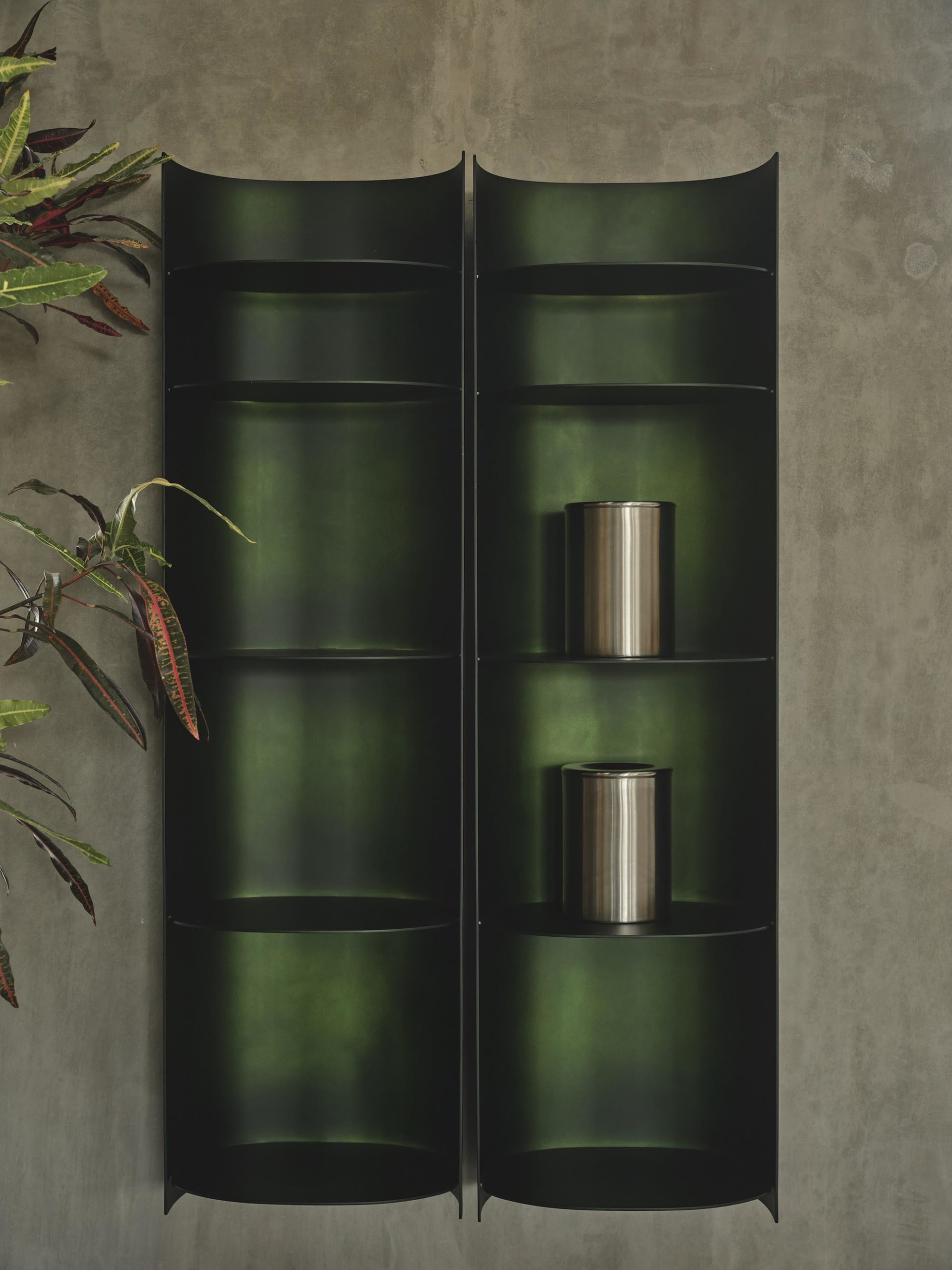 Two tall curved emerald green metal shelving units mounted on a concrete wall, with stainless steel containers on the right shelves and a colorful croton plant on the left.