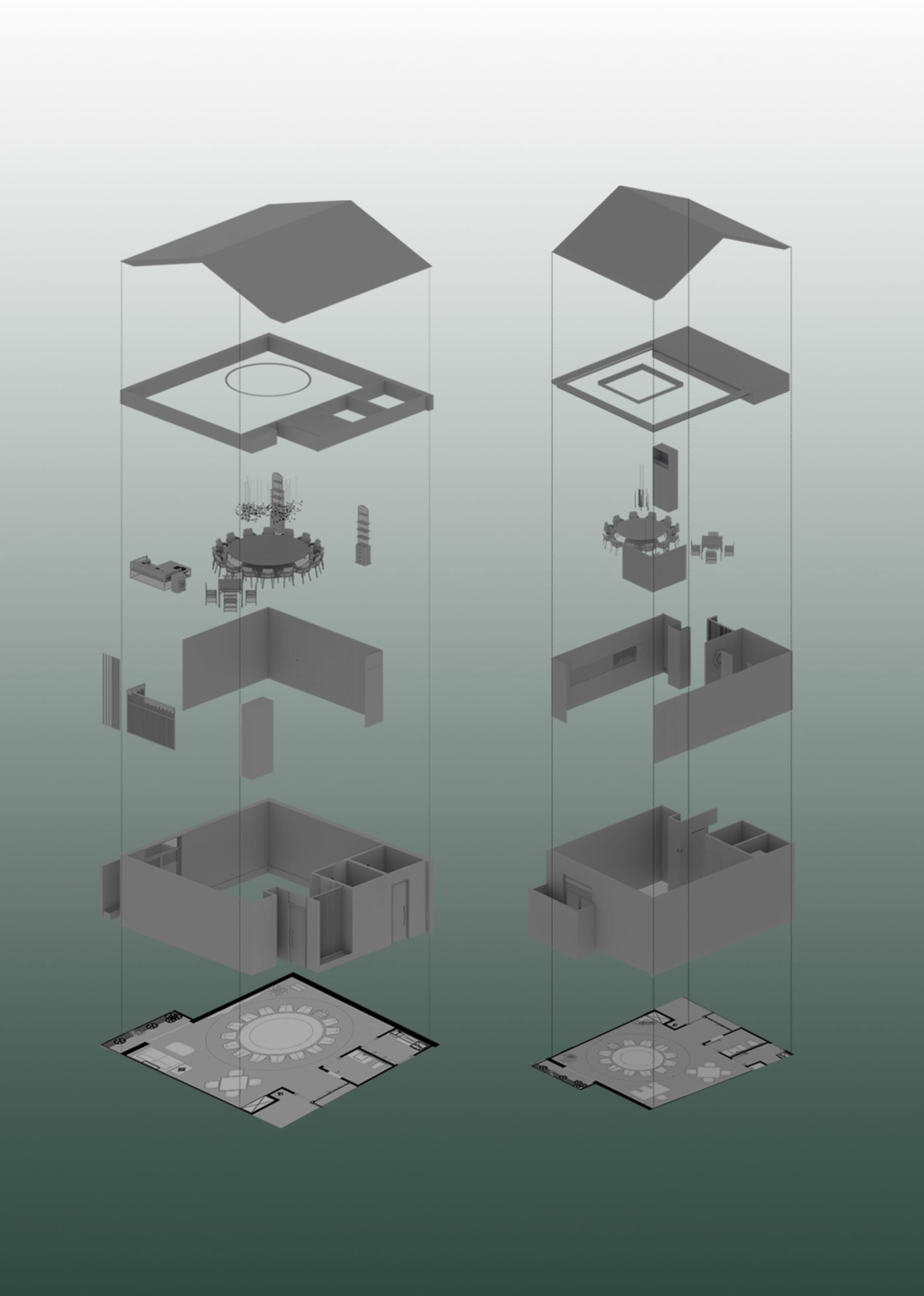 Monochromatic 3D exploded axonometric view showing all architectural layers, furniture, and ceiling details of a luxury circular dining room from top to bottom.