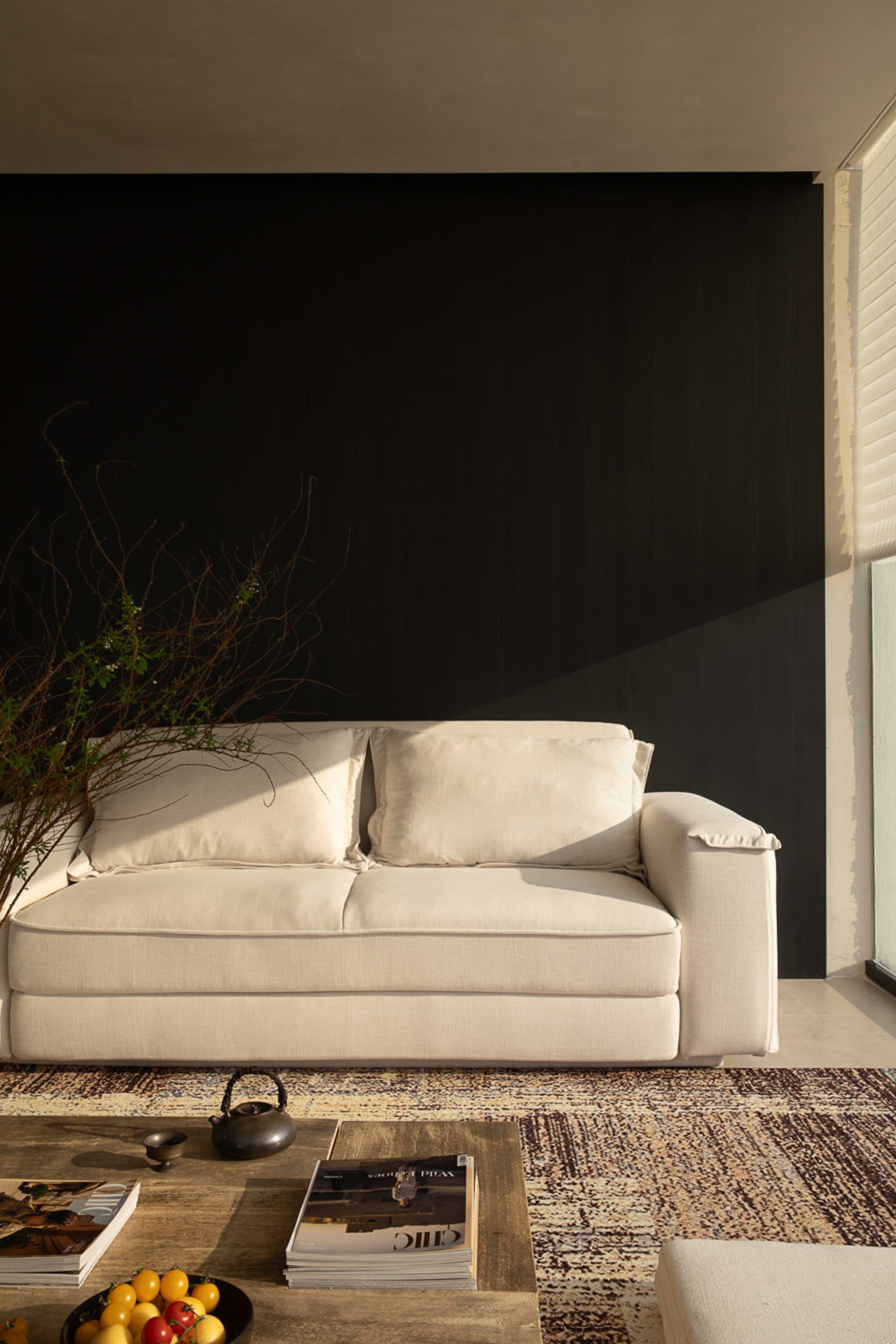 A contemporary living room featuring a light beige linen sofa, dark wood accent wall, wooden coffee table with magazines and a black teapot, and a patterned area rug.