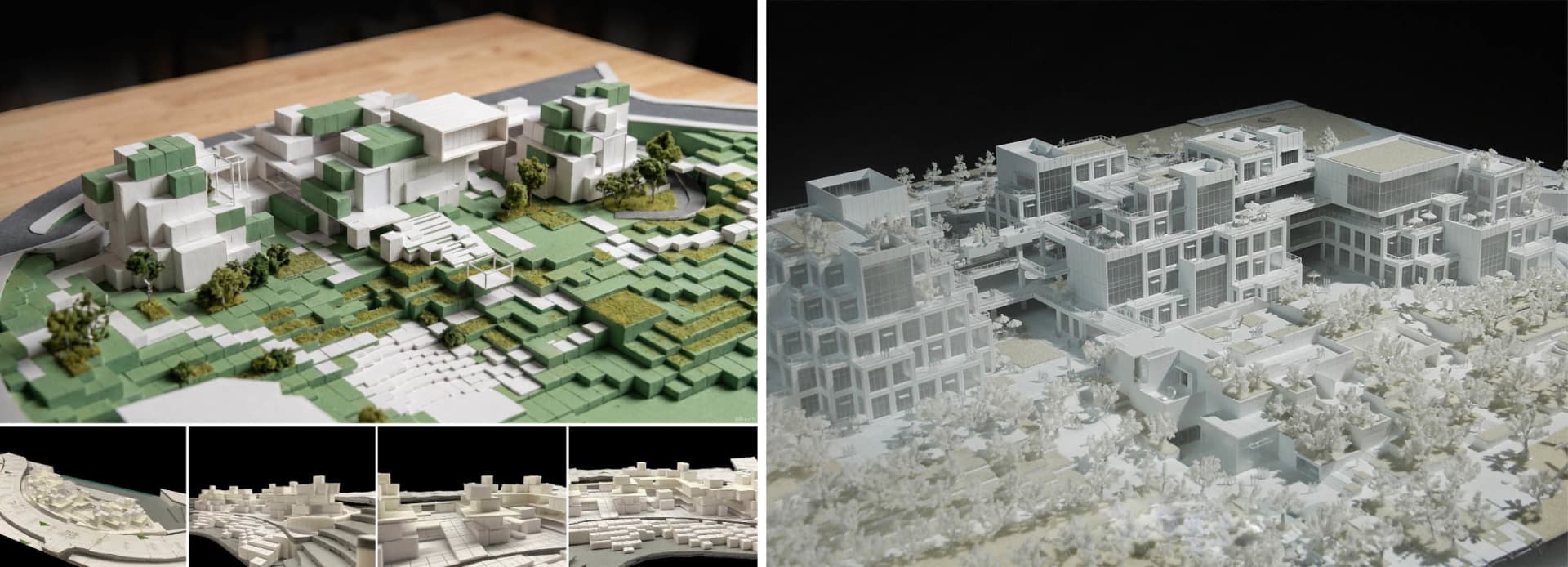 Two views of a white and green architectural model of a large-scale terraced urban complex with trees and landscaping, displayed on a wooden table and against a dark background.