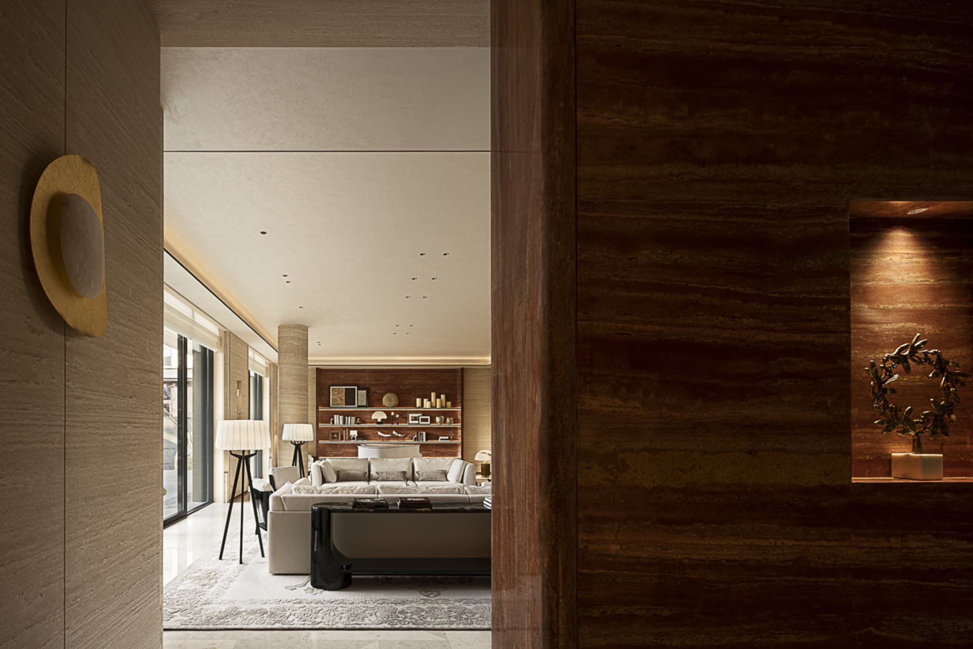 Modern luxury living room featuring warm walnut wood paneling, a large neutral sectional sofa, built-in shelving, and layered lighting viewed through a stone doorway.