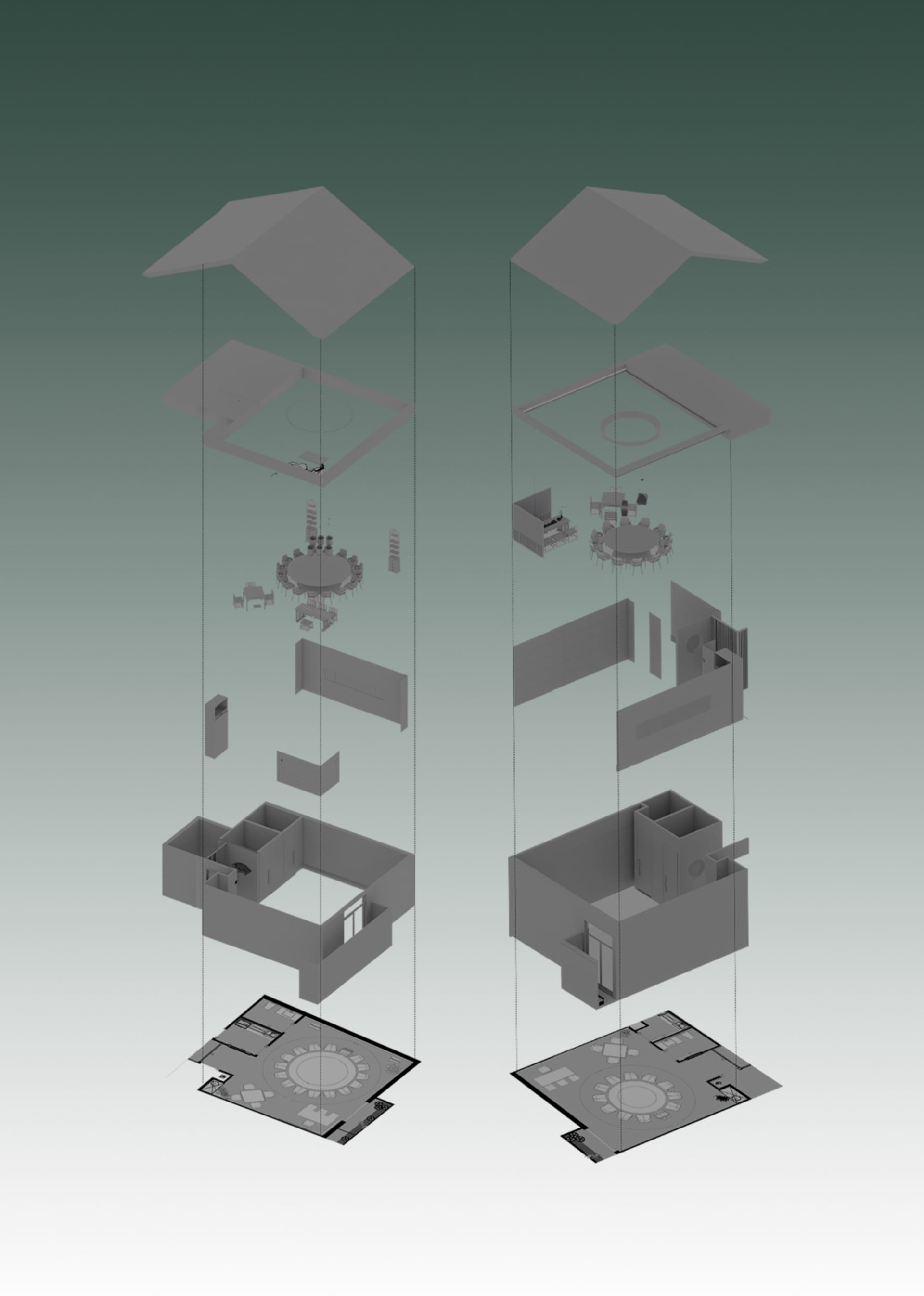 Monochromatic 3D exploded axonometric diagram showing floor plans, interior layouts, and structural components of a two-tower office building.