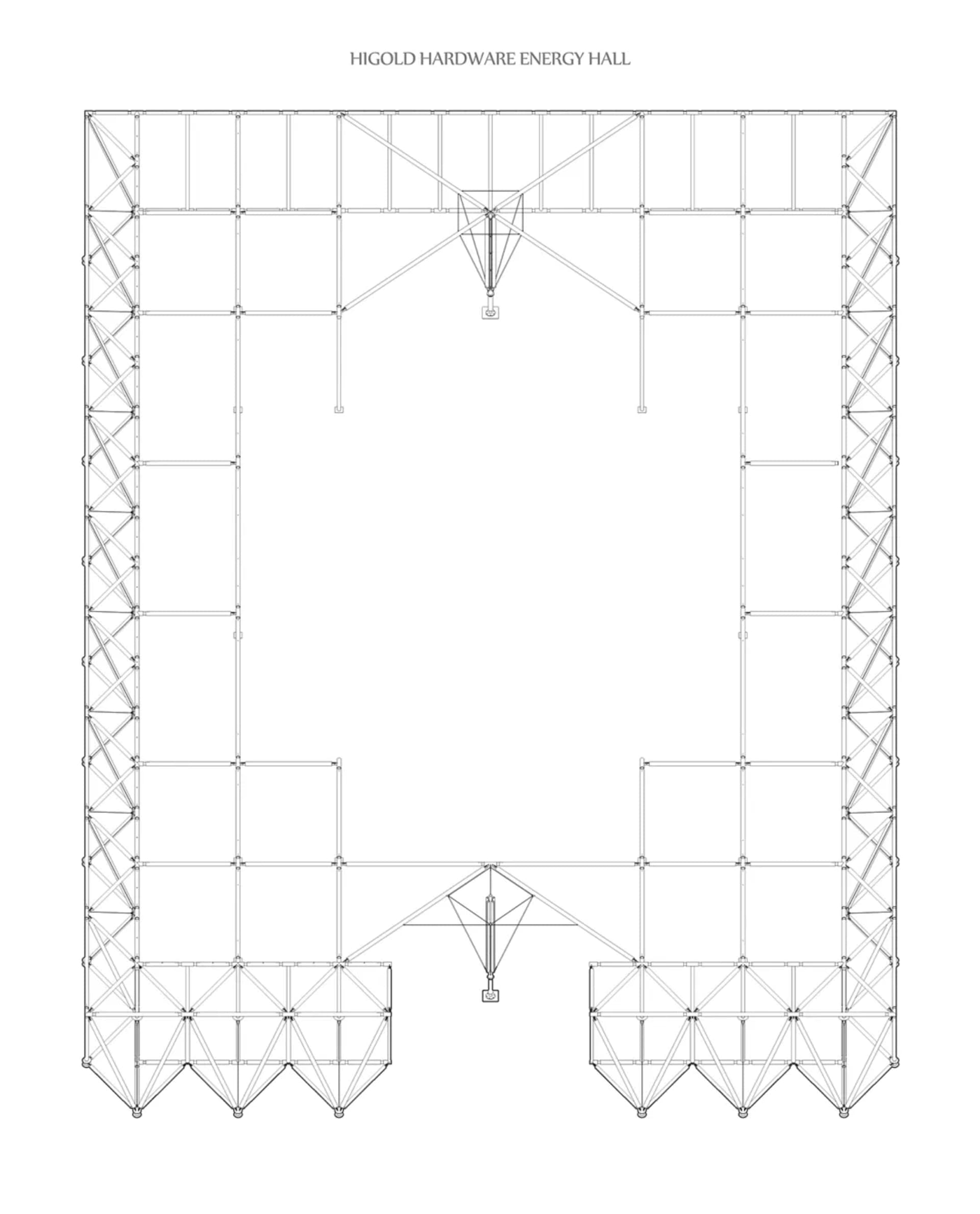 Black and white architectural floor plan and roof truss layout for the Higold Hardware Energy Hall, displaying structural framework and support systems.